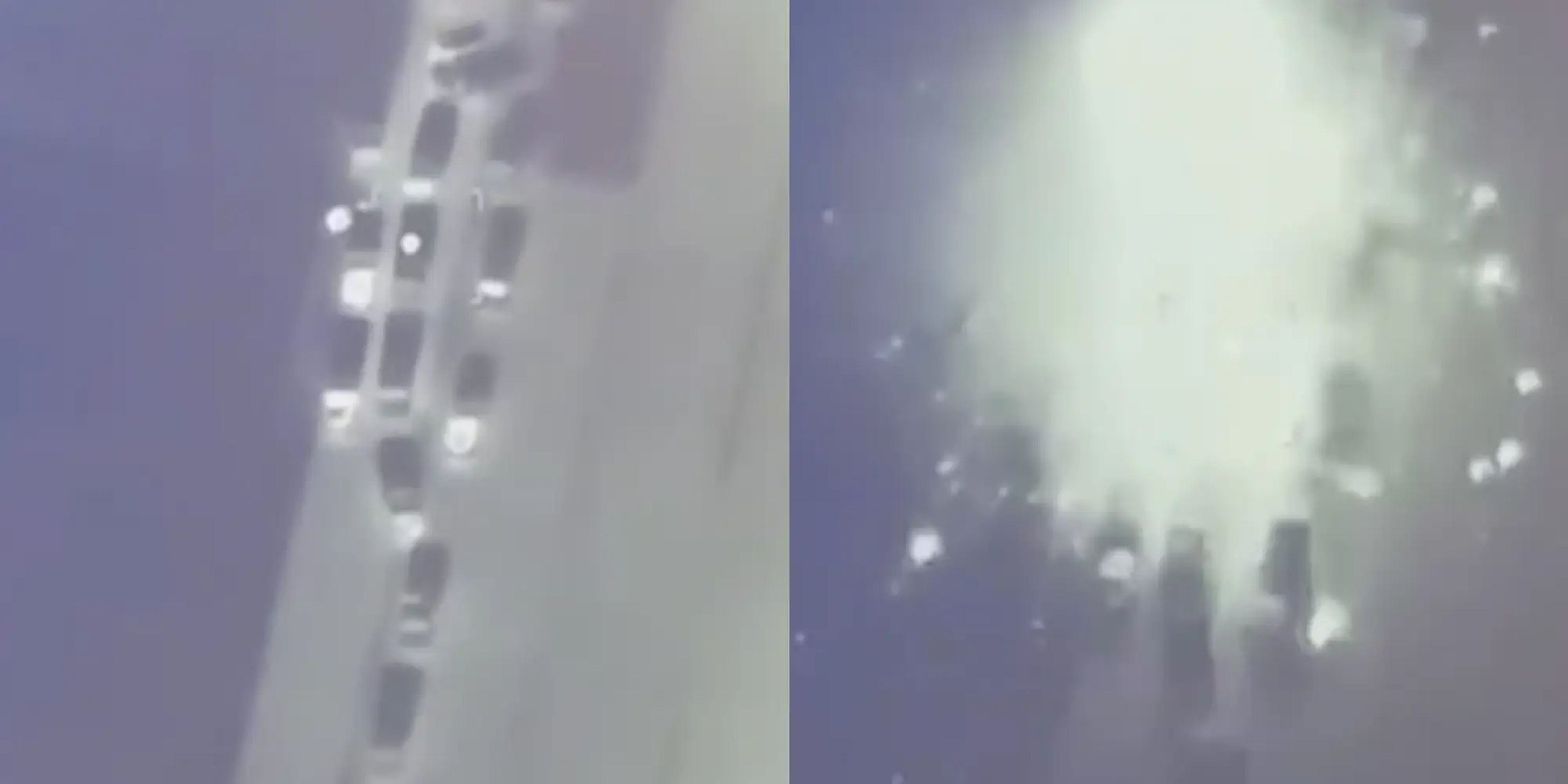Un montaje muestra momentos antes (izquierda) y durante (derecha) un ataque de un dron Bayraktar TB2 contra fuerzas rusas en Ucrania en febrero de 2022.