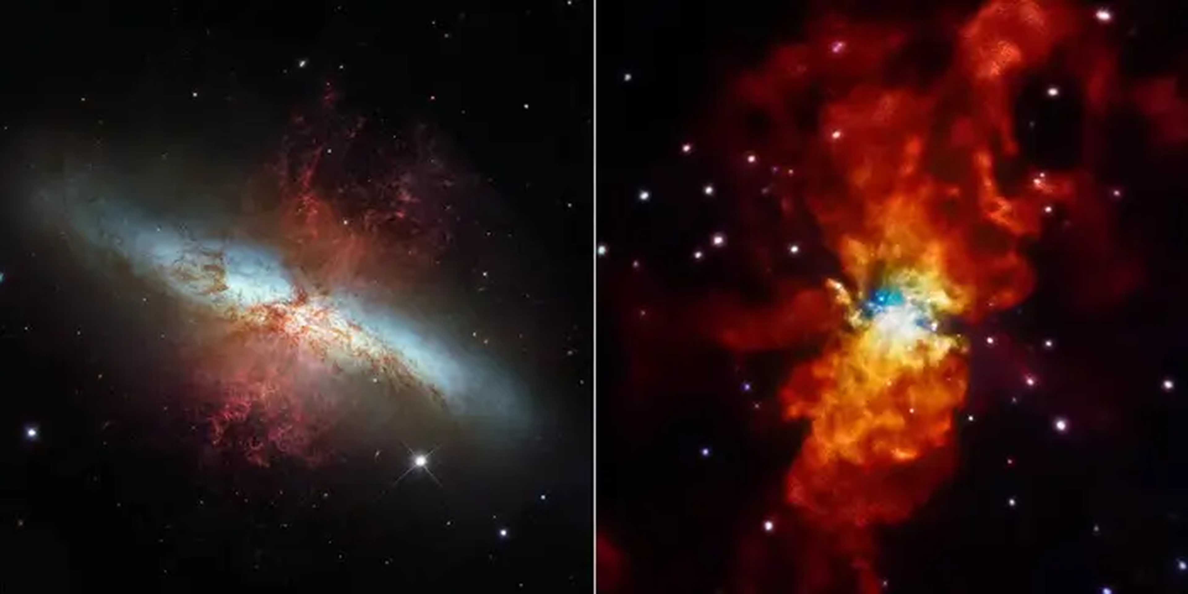 Un montaje fotográfico muestra una vista de la galaxia Messier 82 en luz visible, a la izquierda, y en luz de rayos X