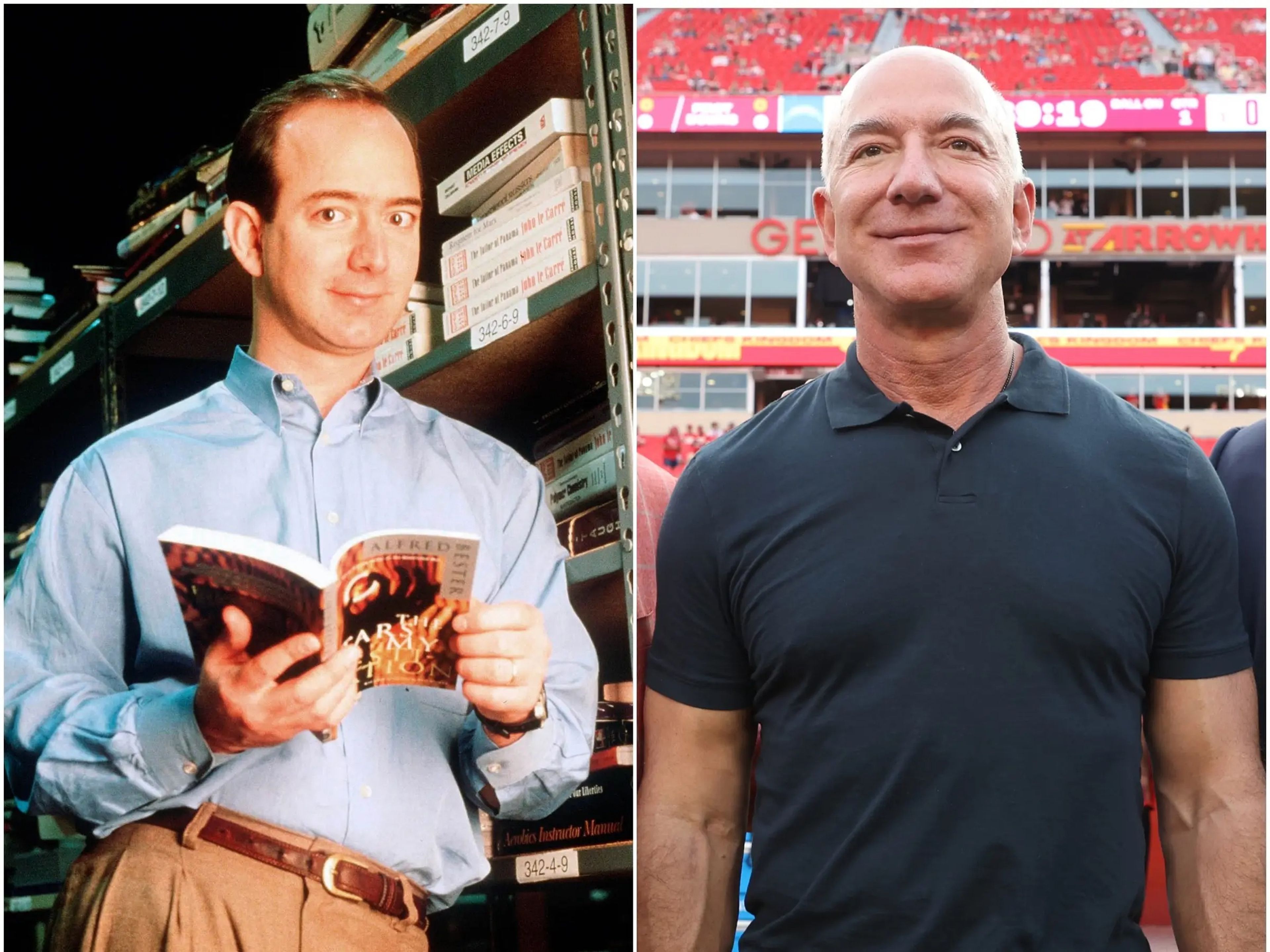 A photo collage of Jeff Bezos in 1994 next to a photo of him in 2023