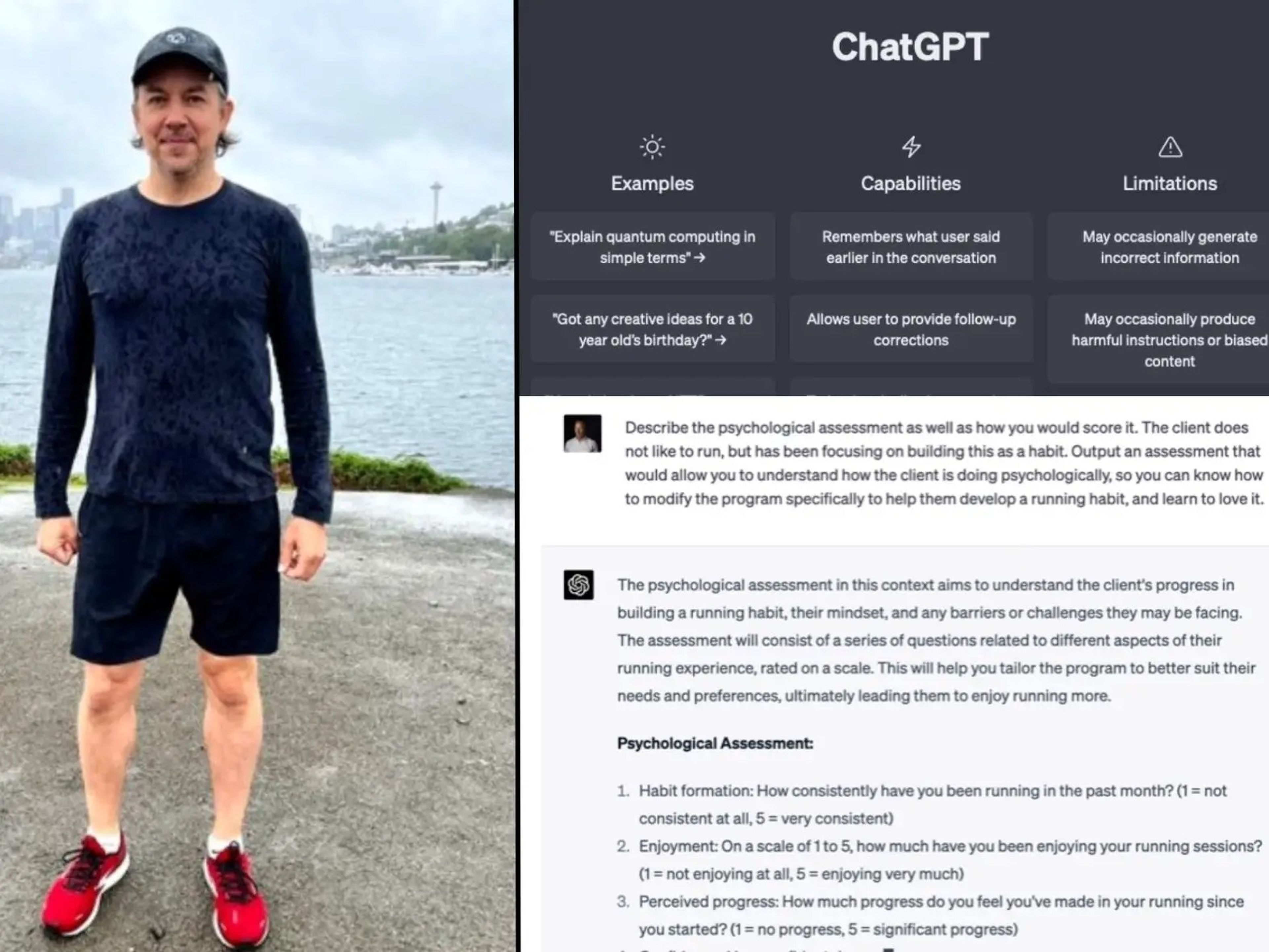 A picture of Greg Mushen in running gear next to screenshots of ChatGPT answering a prompt about evaluating Mushen's fitness performance.