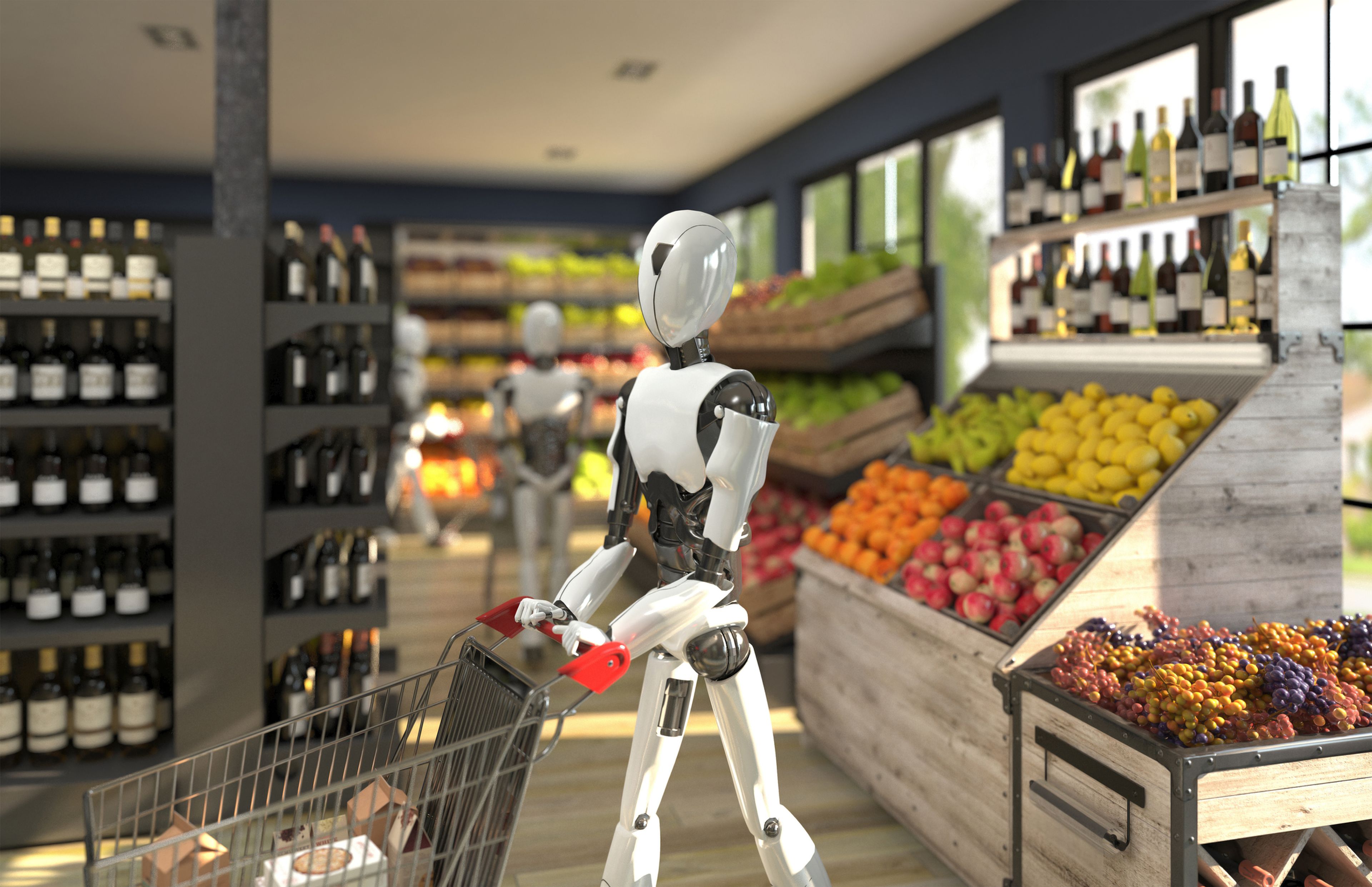 Un robot en un supermercado comprando.