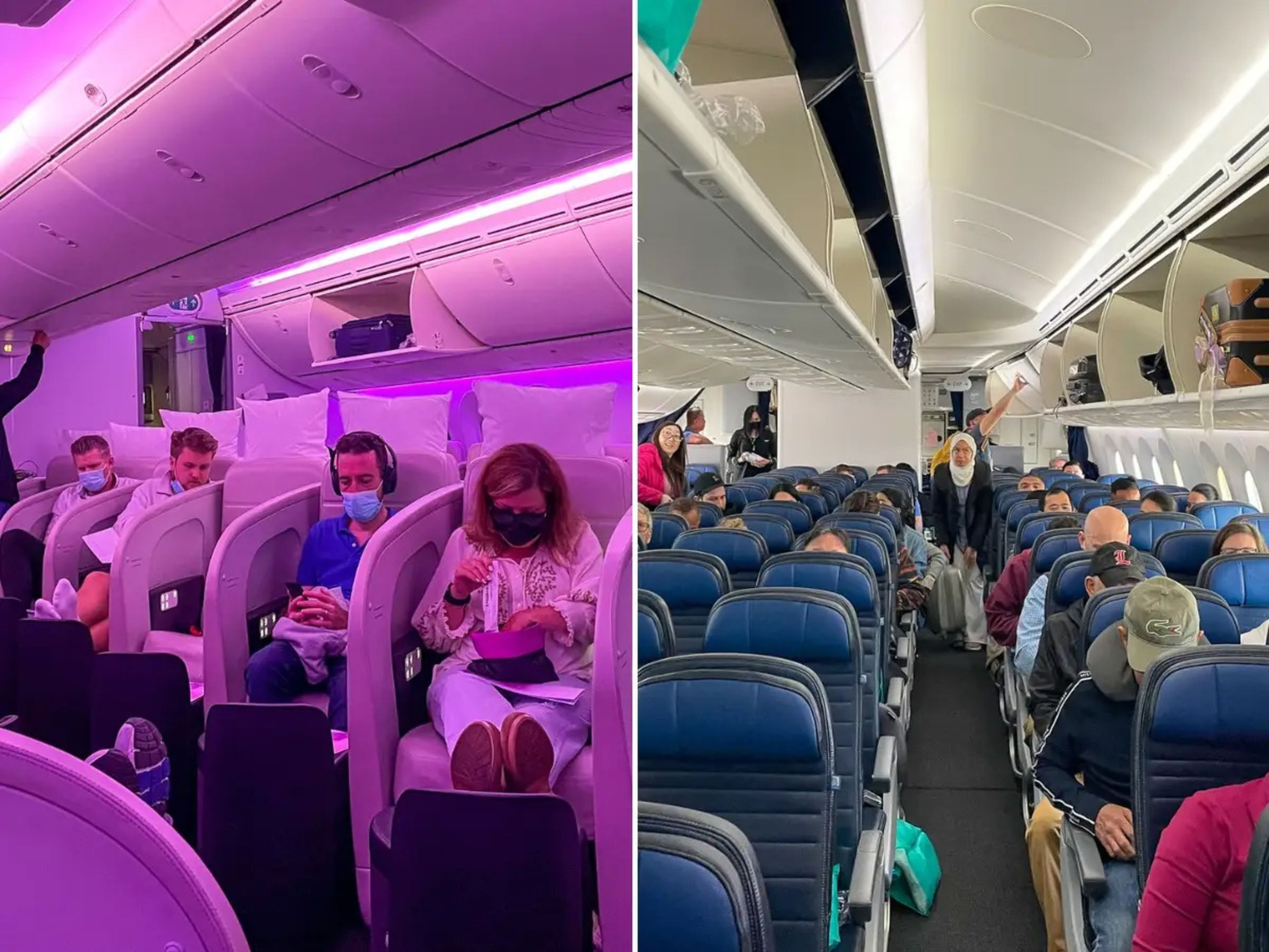 Imágenes paralelas de una cabina de clase 'business' de Air New Zealand y de una cabina económica de United Airlines.
