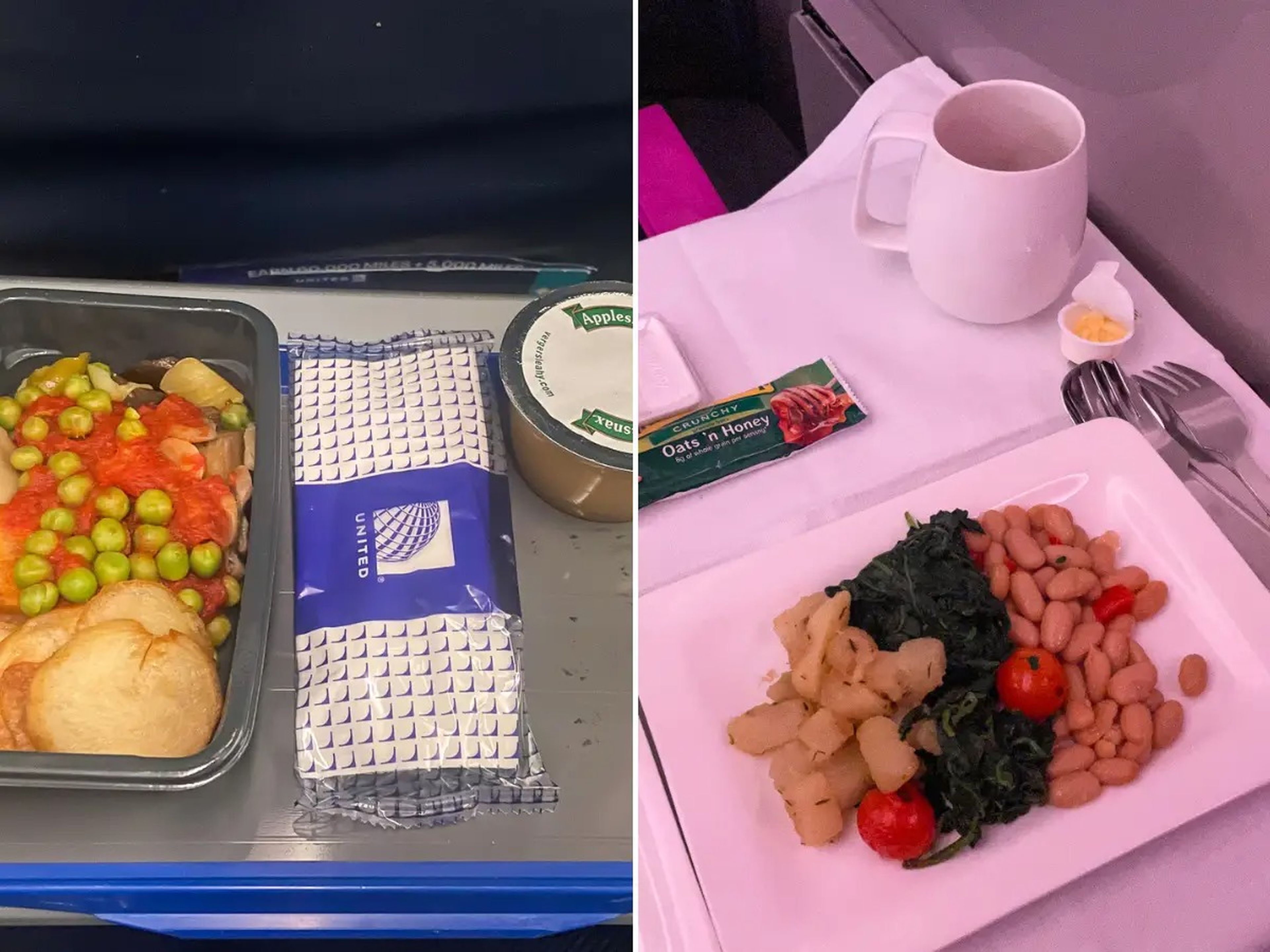 Side-by-side images of the breakfast on an economy and business class flight.