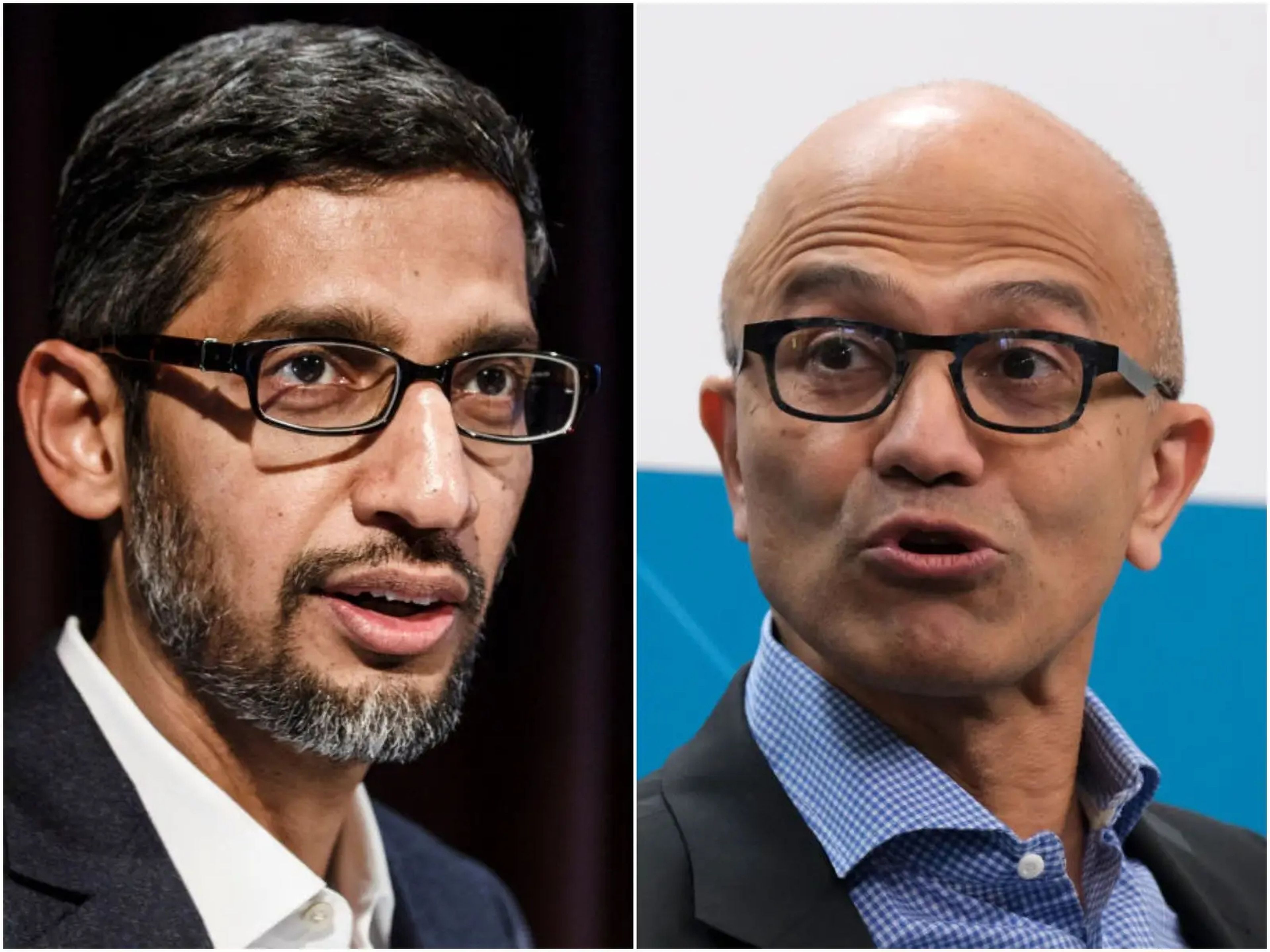 El CEO de Google Sundar Pichai (izquierda) y el CEO de Microsoft Satya Nadella (derecha).