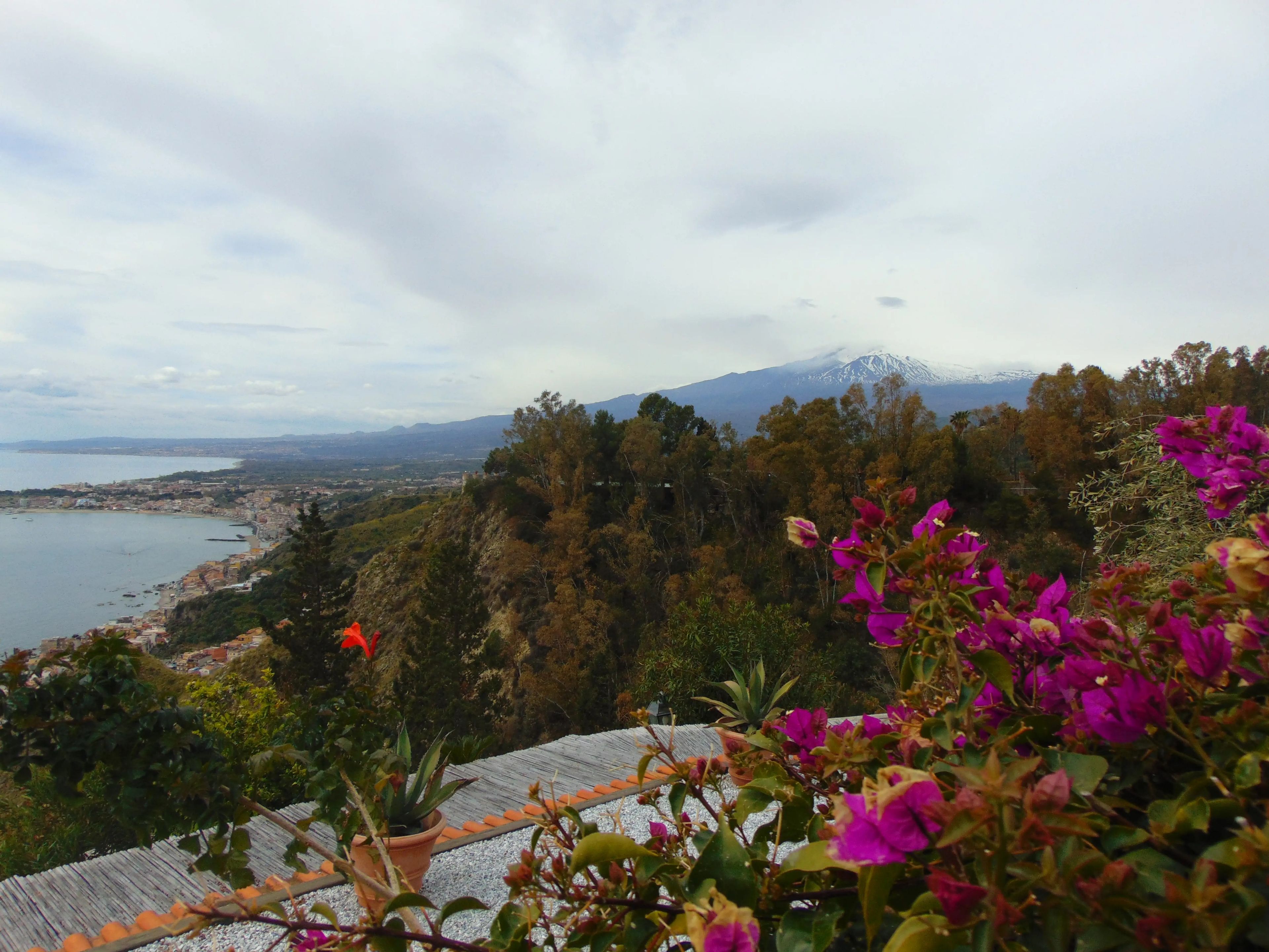 Vista de las flores y el Etna desde el hotel.