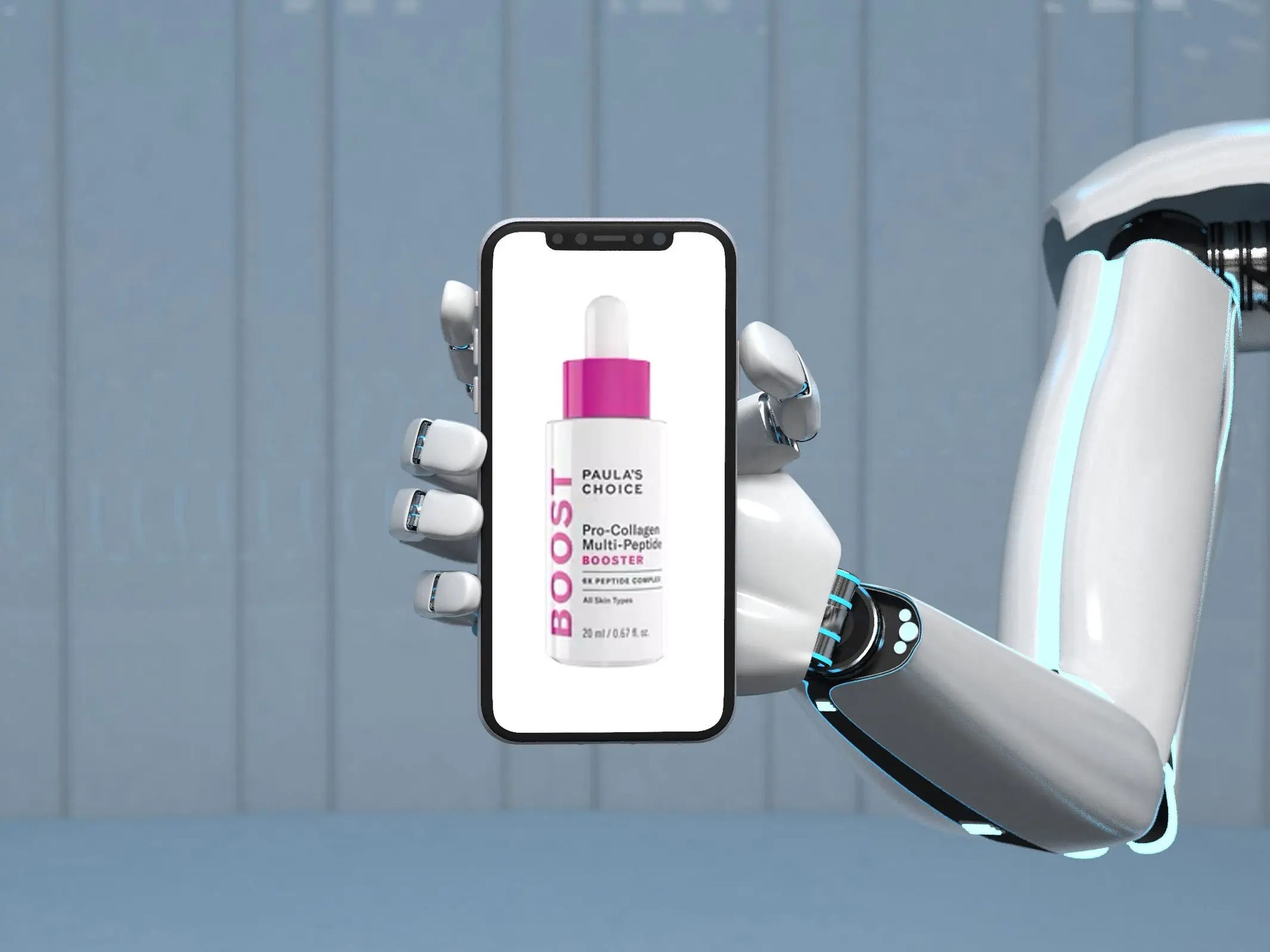 A 3D image of a robot holding a smartphone displaying an image of Paula's Choice peptide serum.
