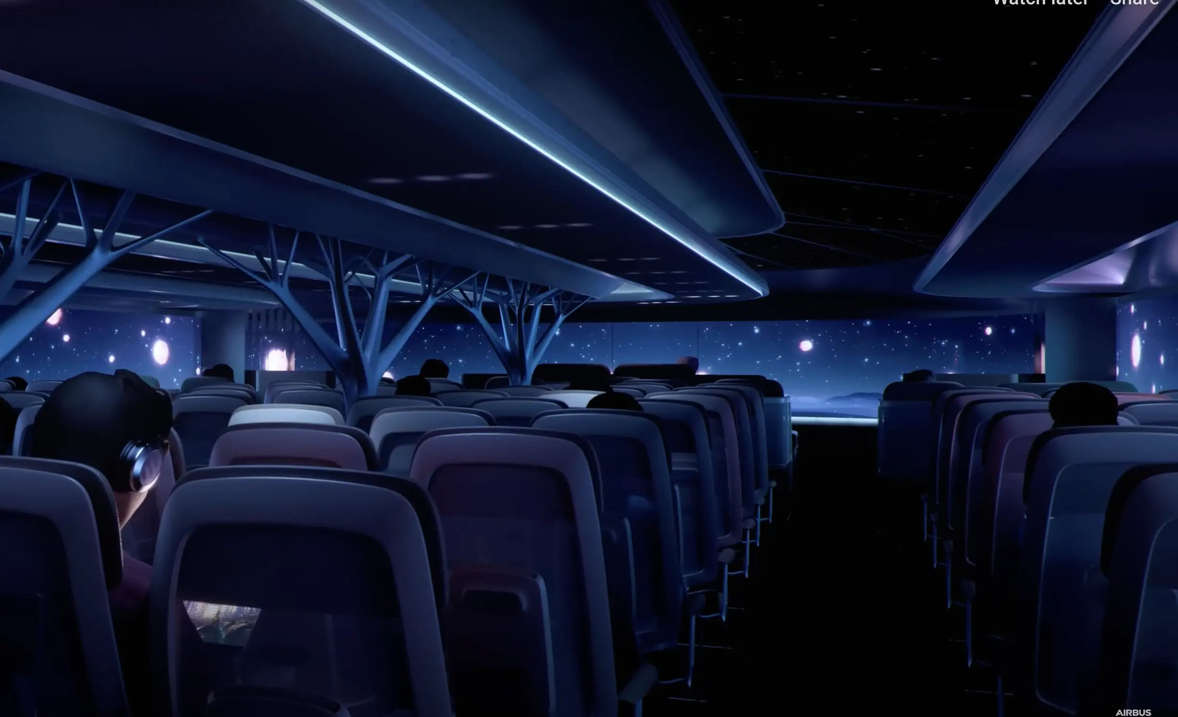 Airbus' Airspace Cabin Vision 2035+ rendering of an aircraft cabin in the dark.