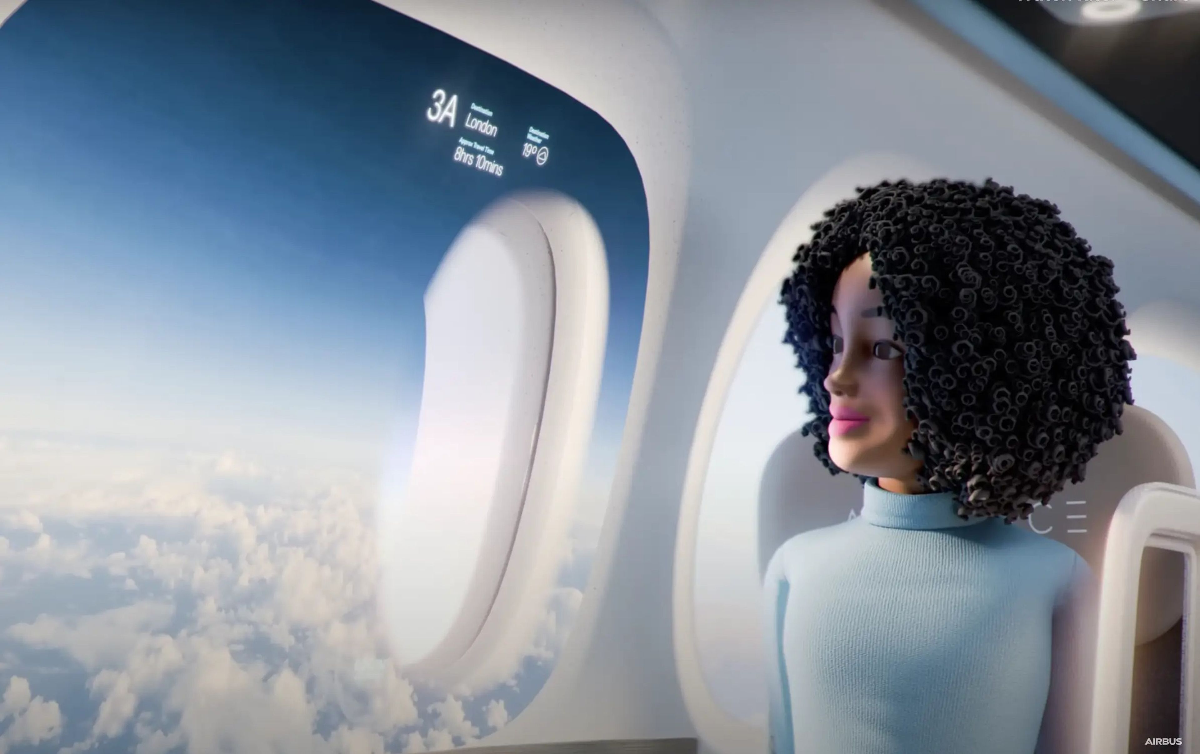 Airbus' Airspace Cabin Vision 2035+ rendering showing a passenger seated next to a virtual window.