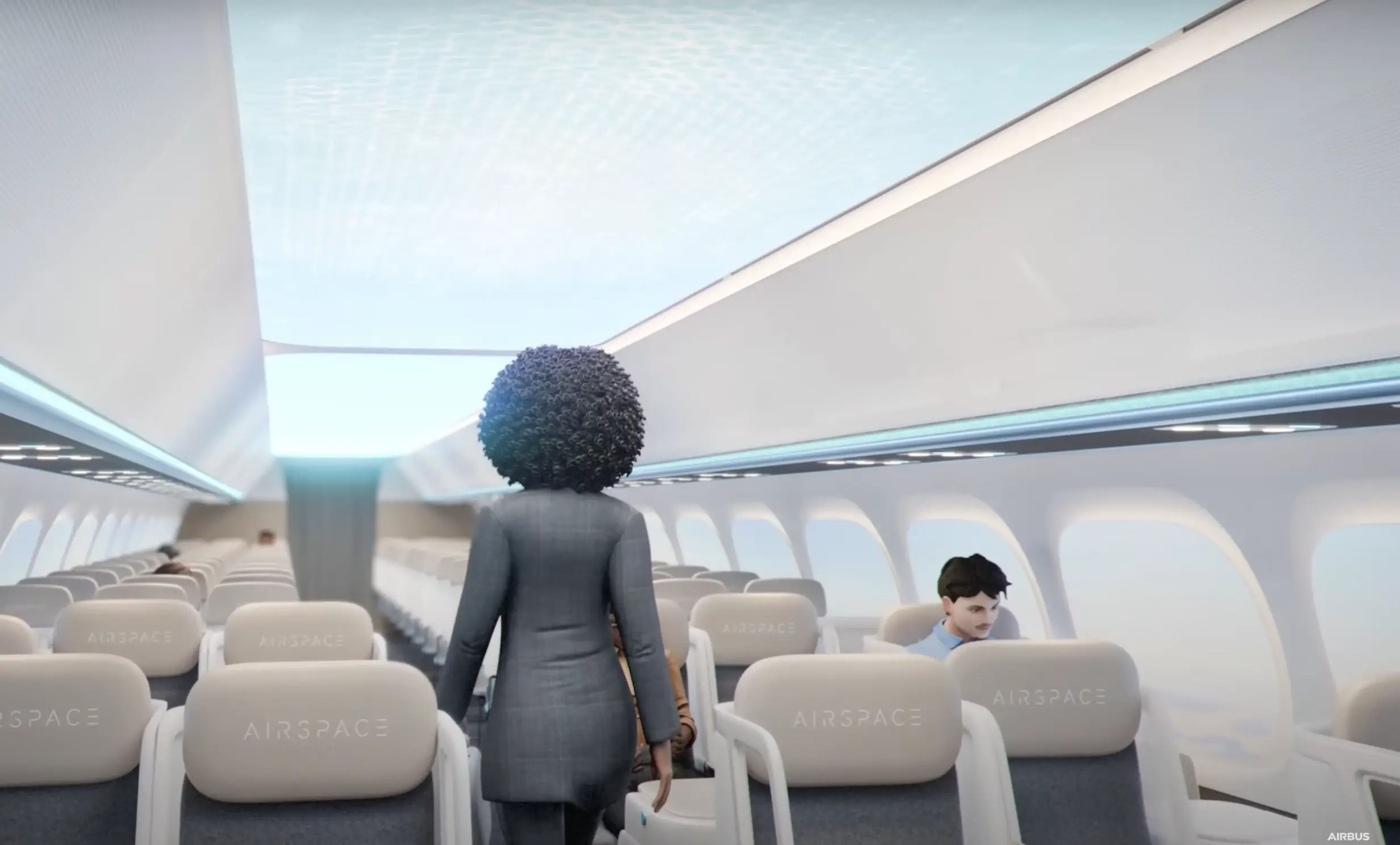 Airbus' Airspace Cabin Vision 2035+ rendering showing a passenger walking between seat aisles.