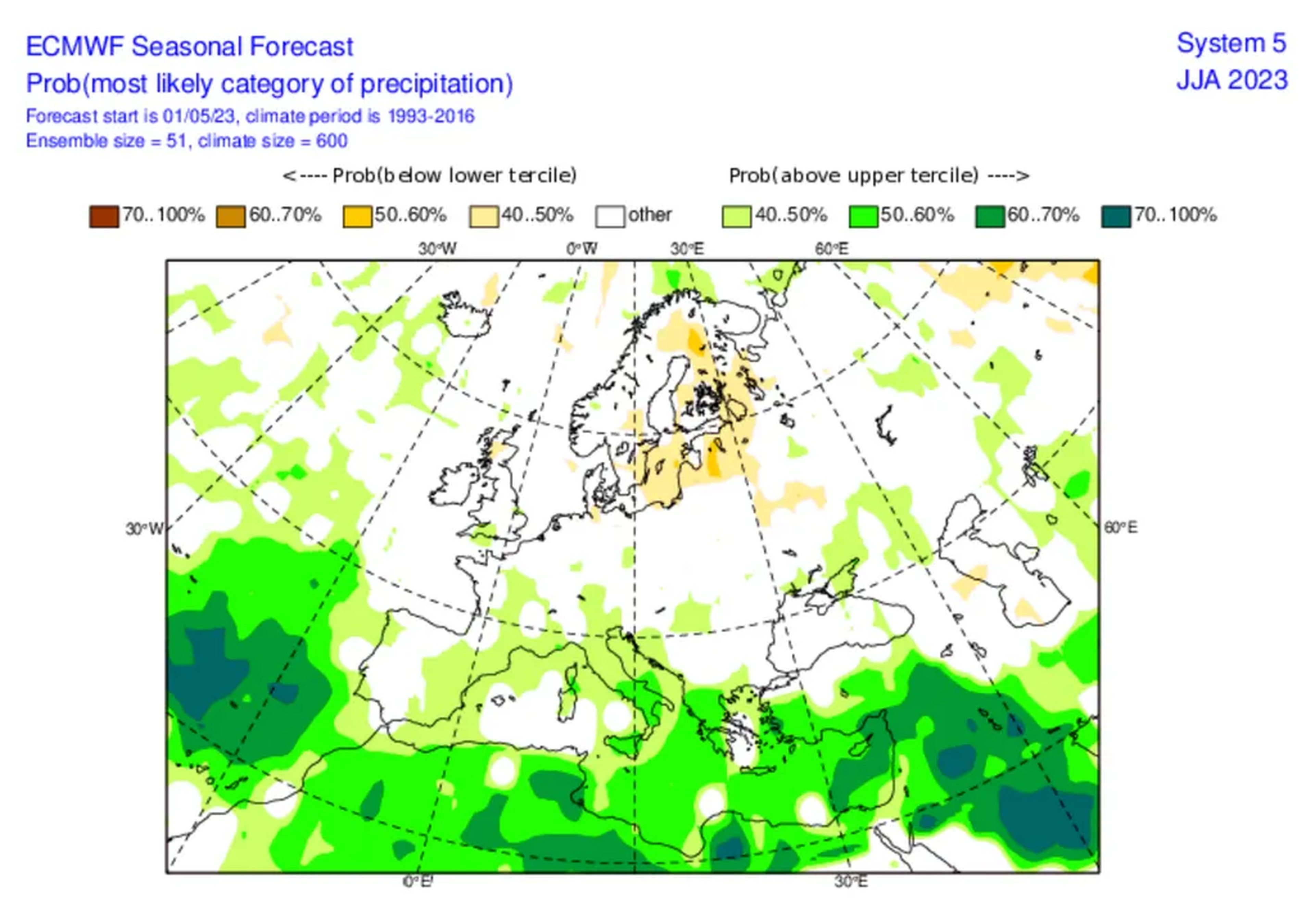 Anomalía de precipitaciones del modelo del ECMWF para el próximo trimestre.