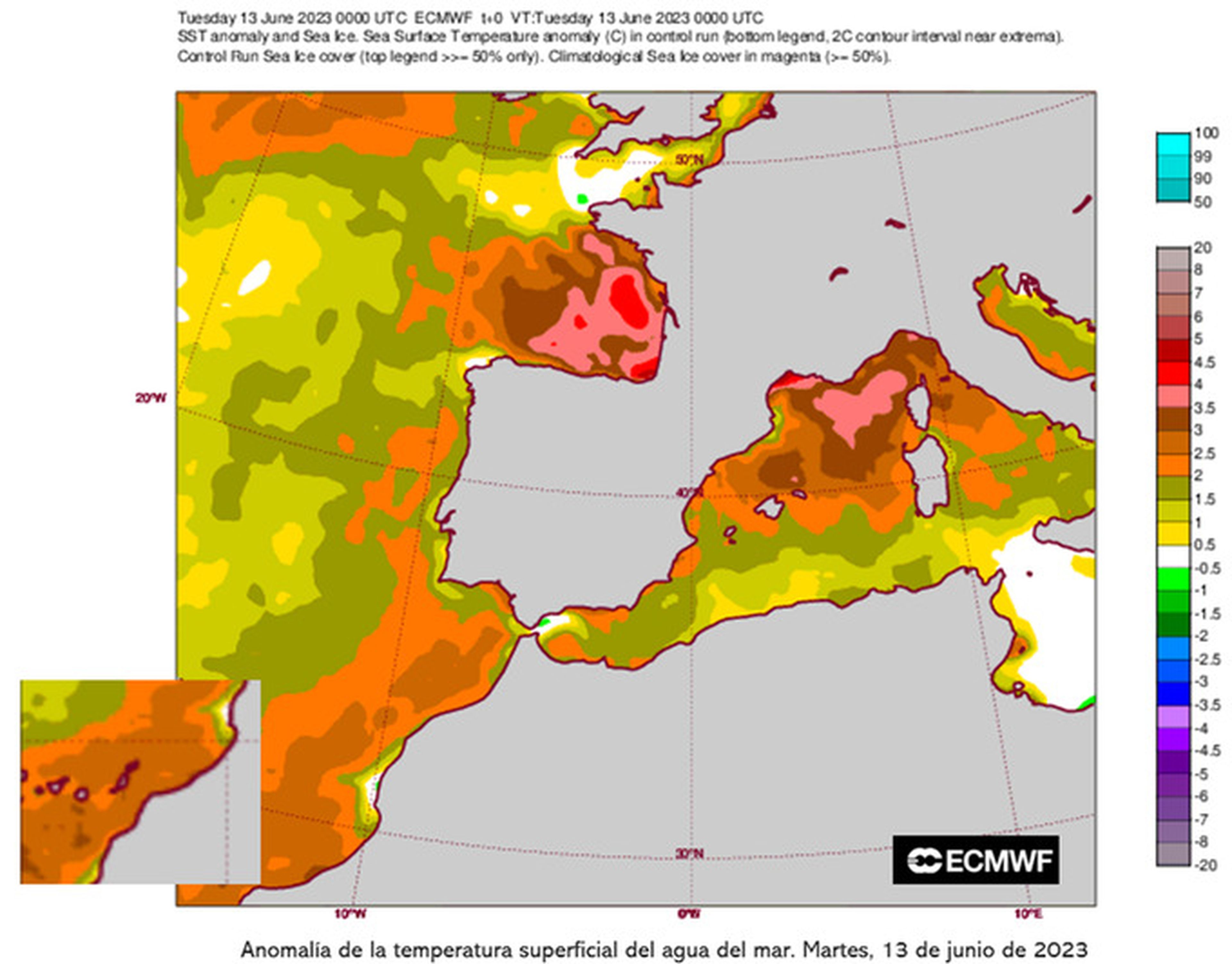 Anomalía de la temperatura superficial del agua del mar el pasado 13 de junio.