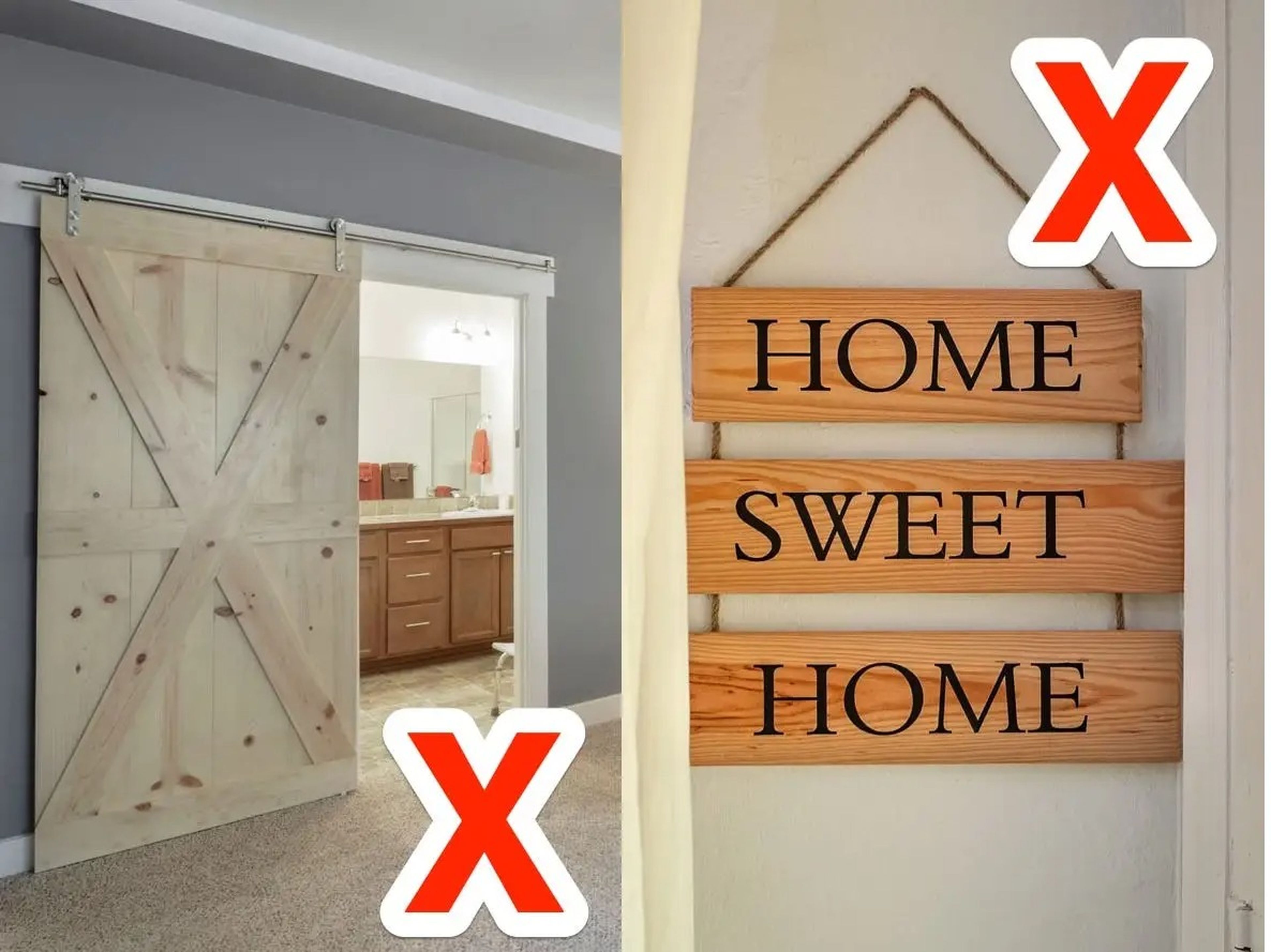 barn door in room with carpet (left); wood sign with "home sweet home" written on it (right)