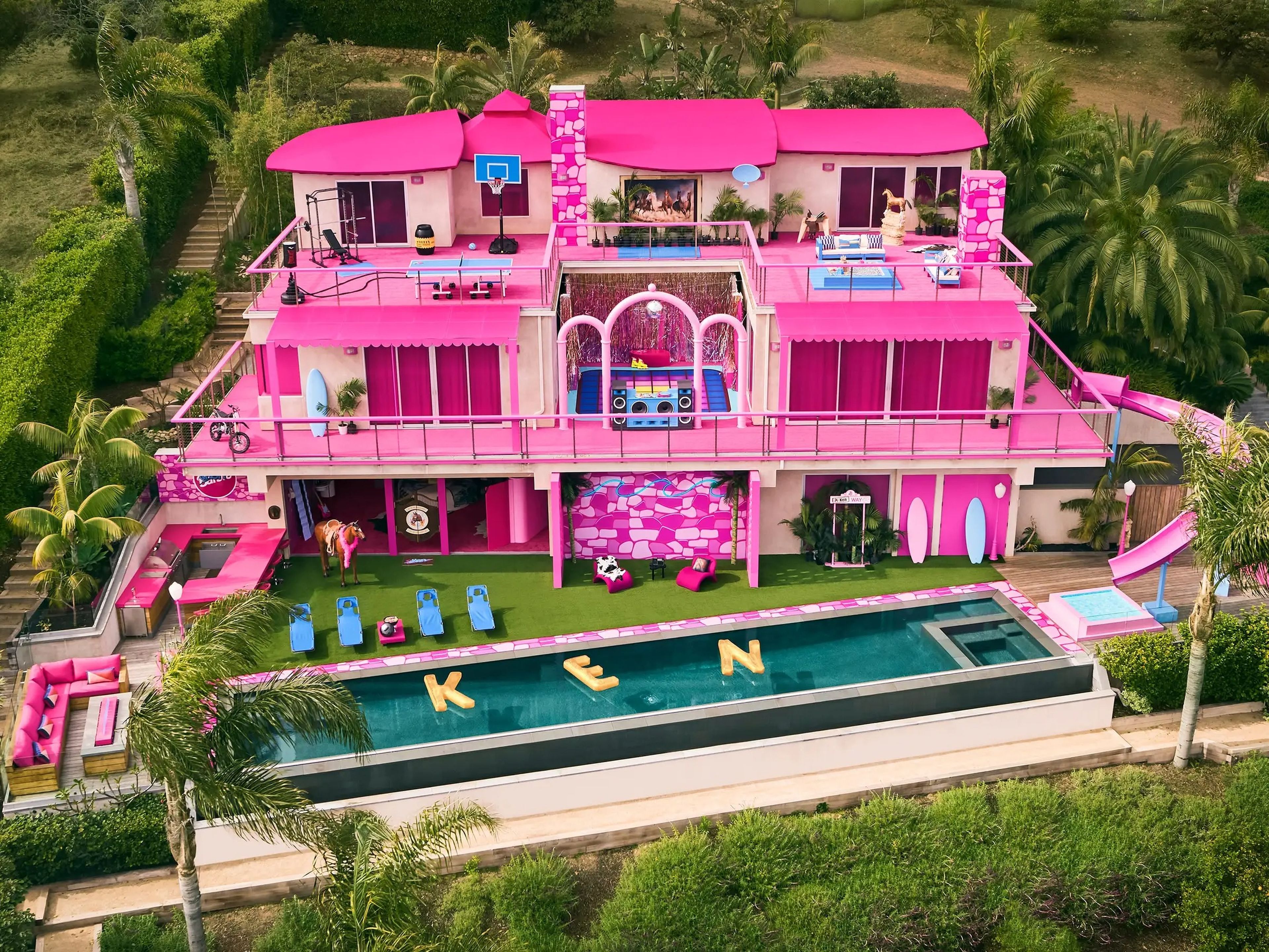 The exterior of a hot pink home in Malibu.