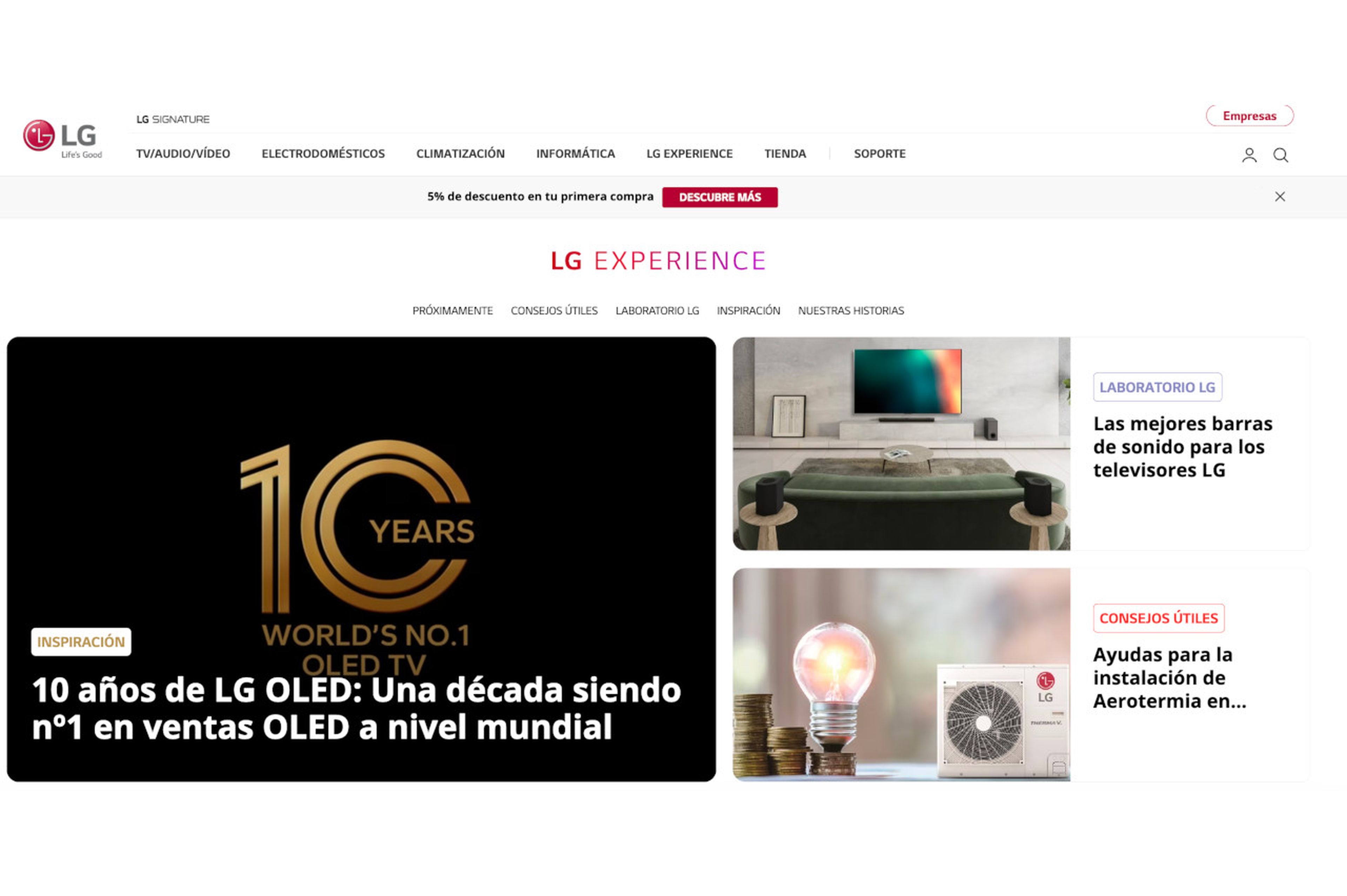 Sección LG Experience de la página web española de LG.