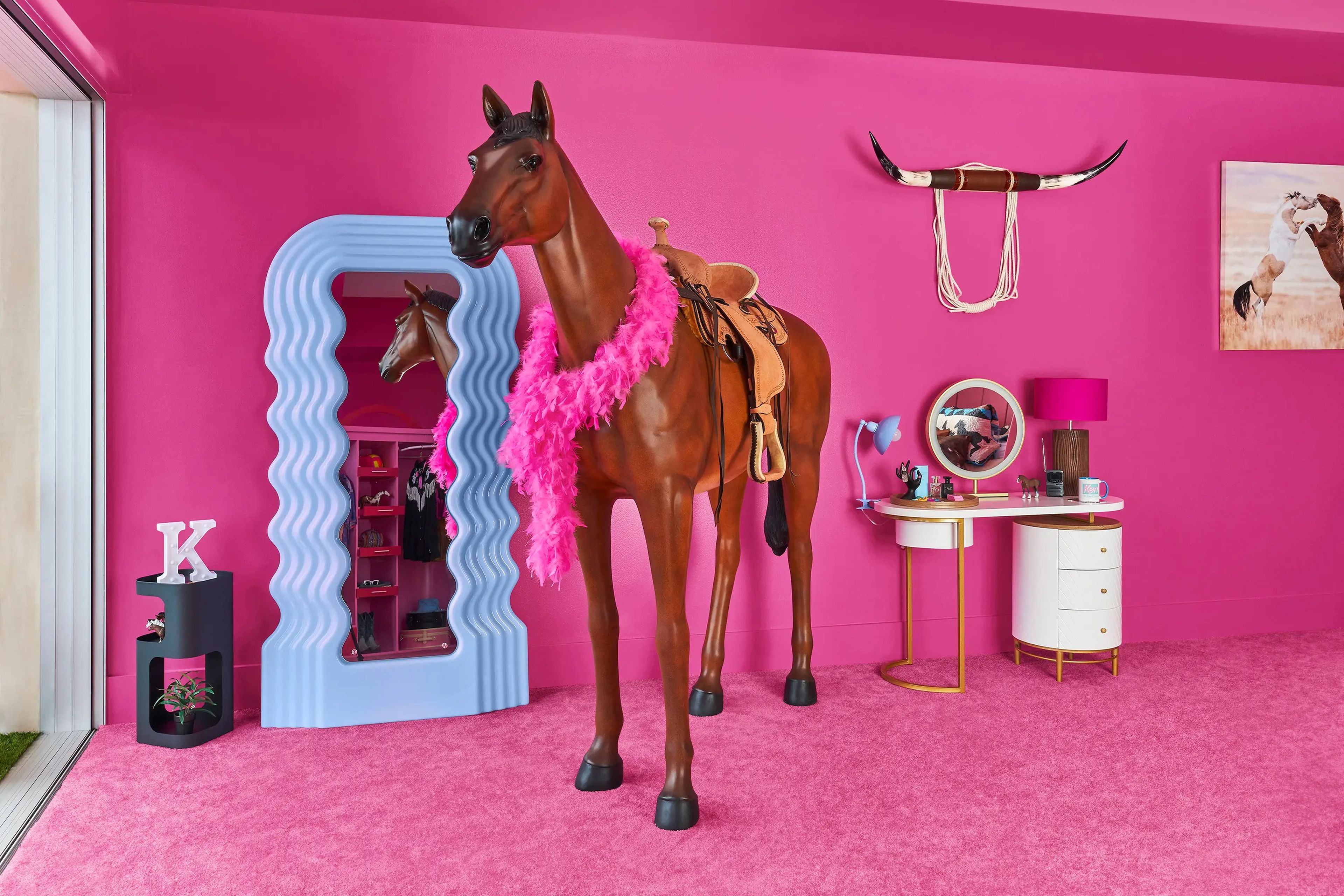 A life-sized horse display in the closet.