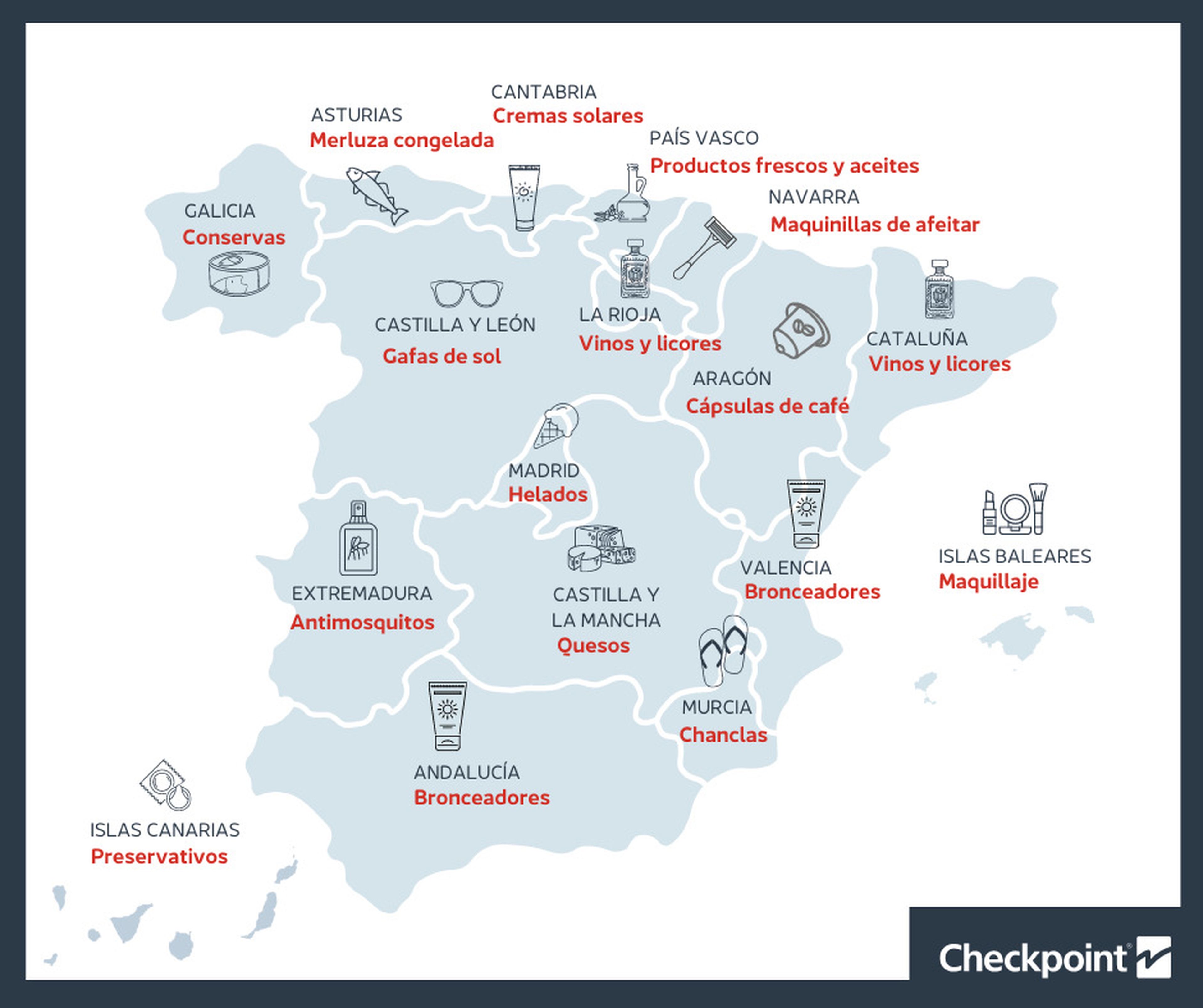 Mapa de España con los productos más hurtados en verano por comunidades autónomas, según 'Checkpoint'.