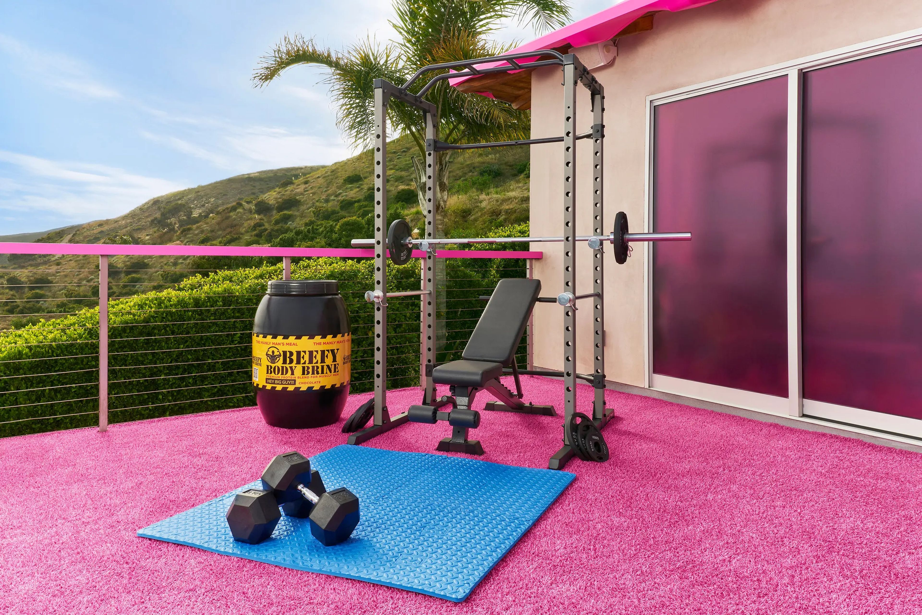 The outdoor gym comes with two sets of weights.
