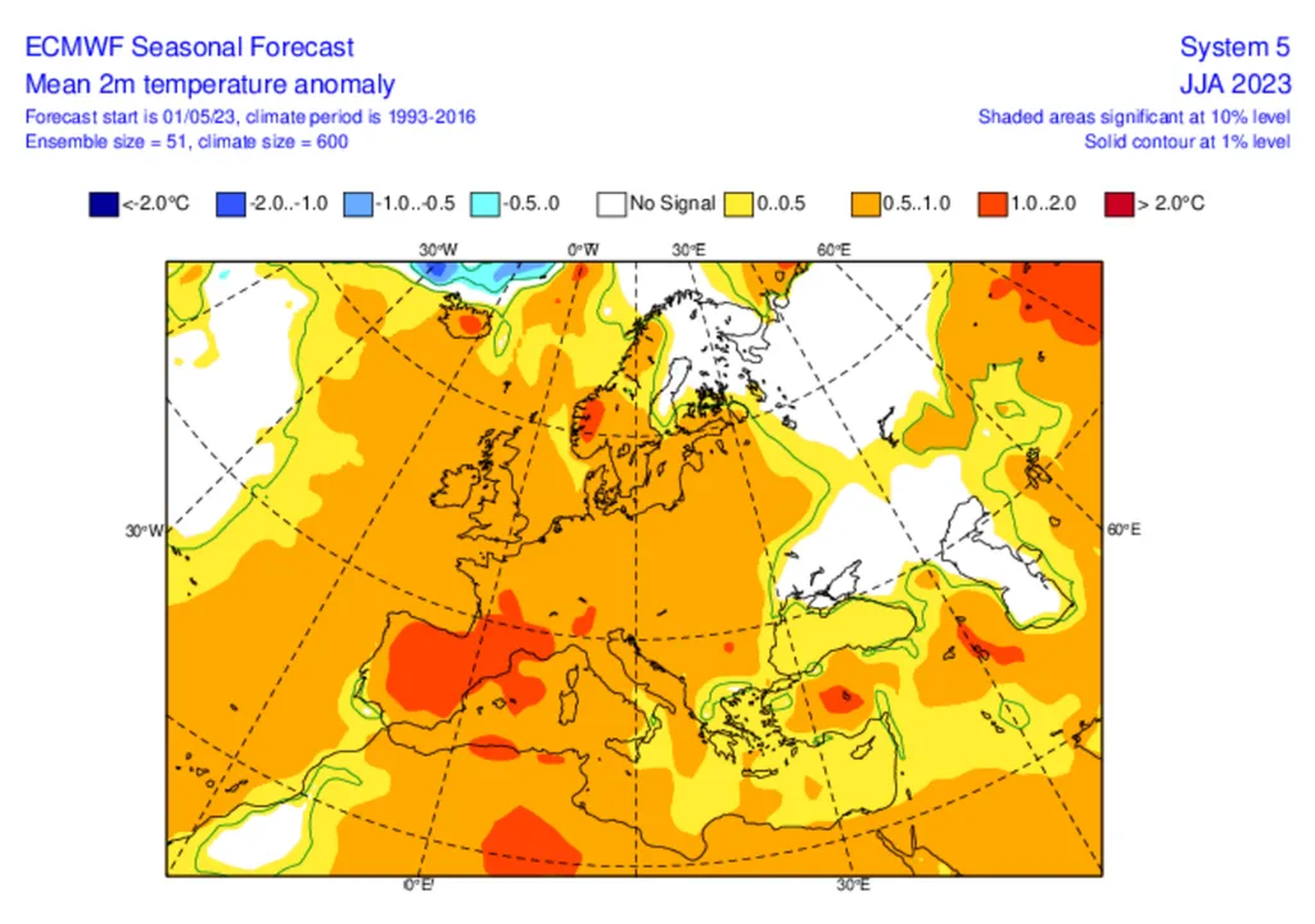 Anomalía térmica prevista por el ECMWF.
