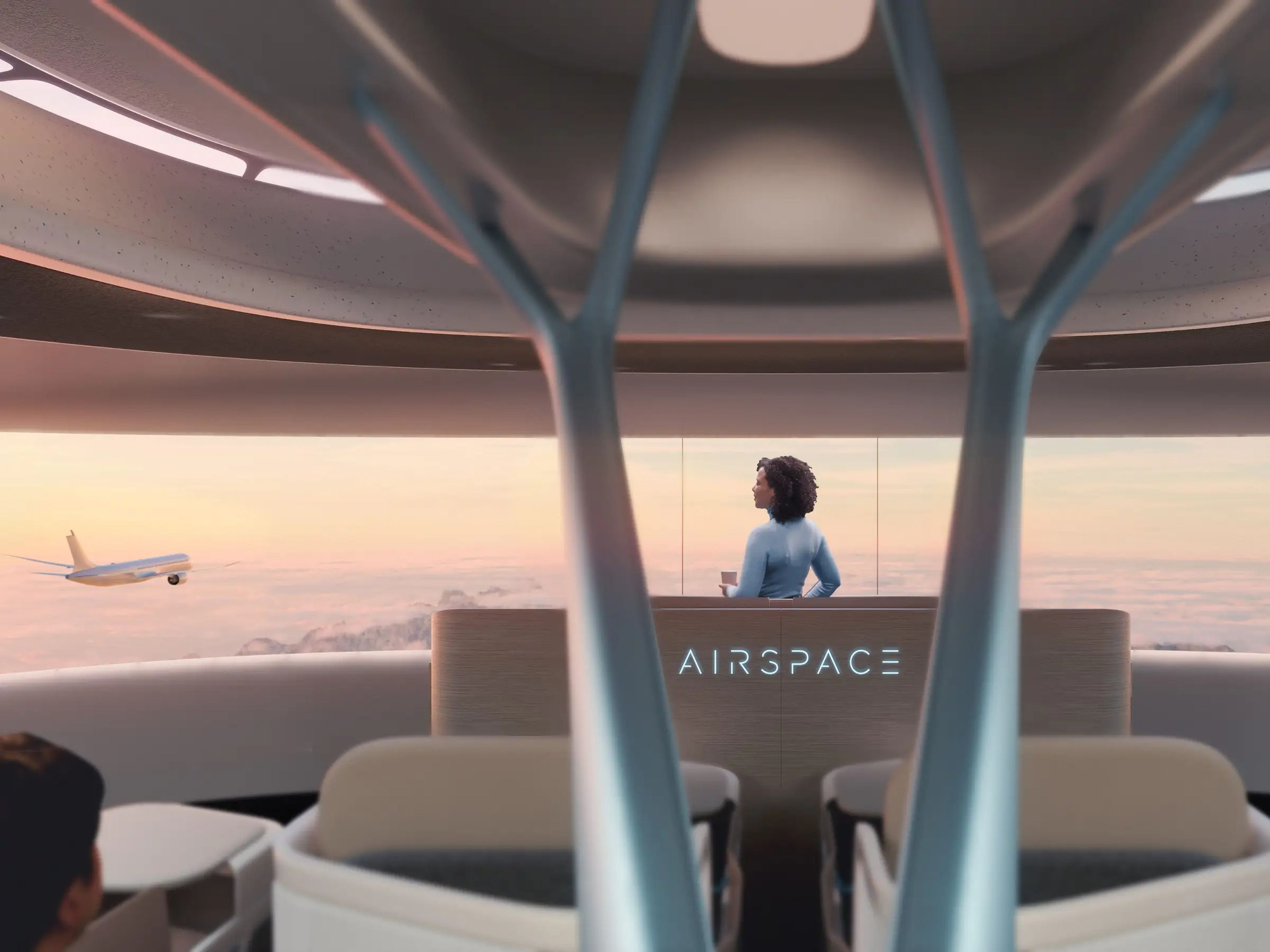 A woman wearing a light blue sweater admires the view from the window of Airbus' future aircraft cabin in a rendering for the plane maker's Airspace Cabin Vision 2035+.