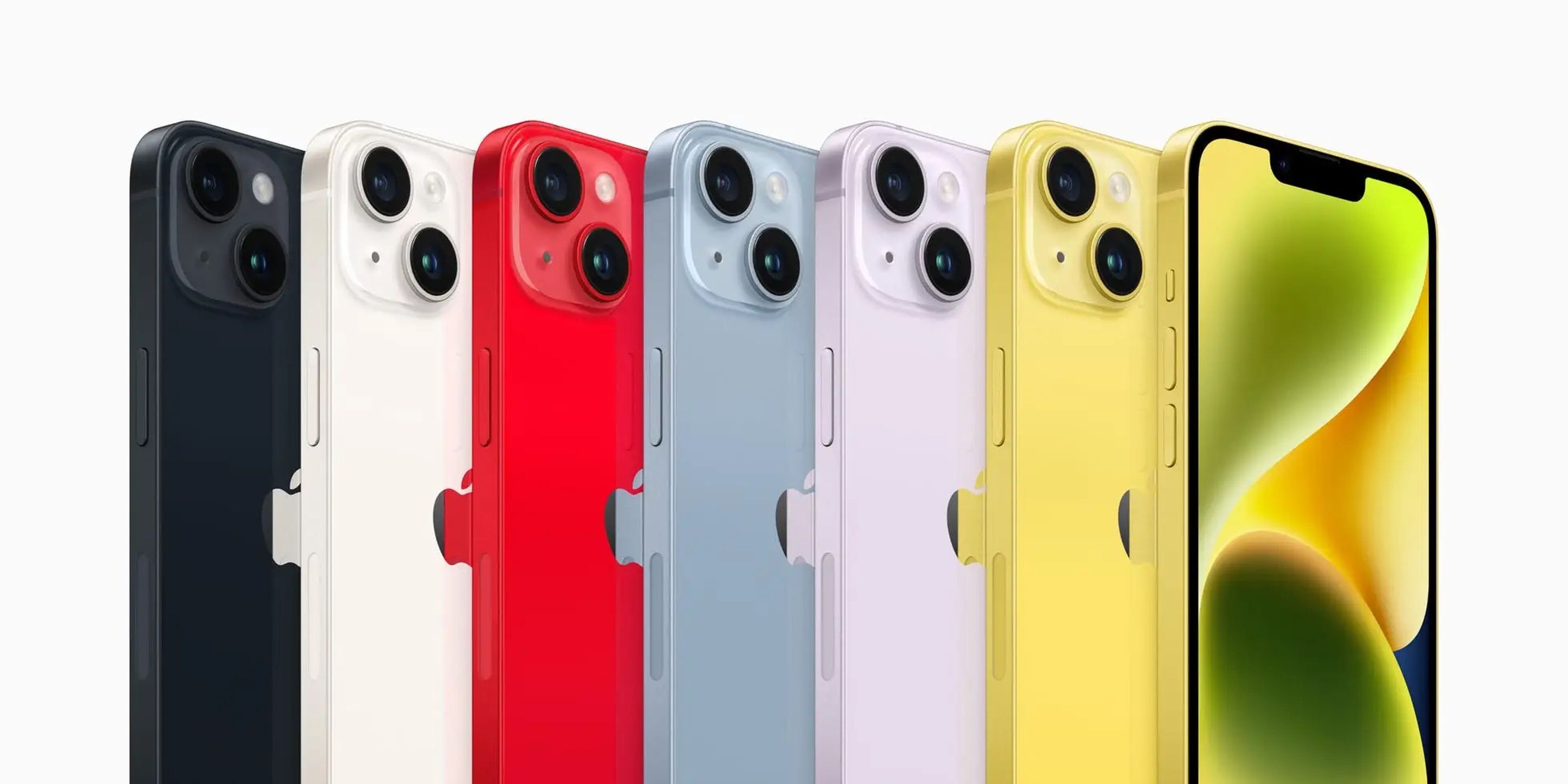 Apple's iPhone 14 and iPhone 14 plus color range, including a new yellow shade.