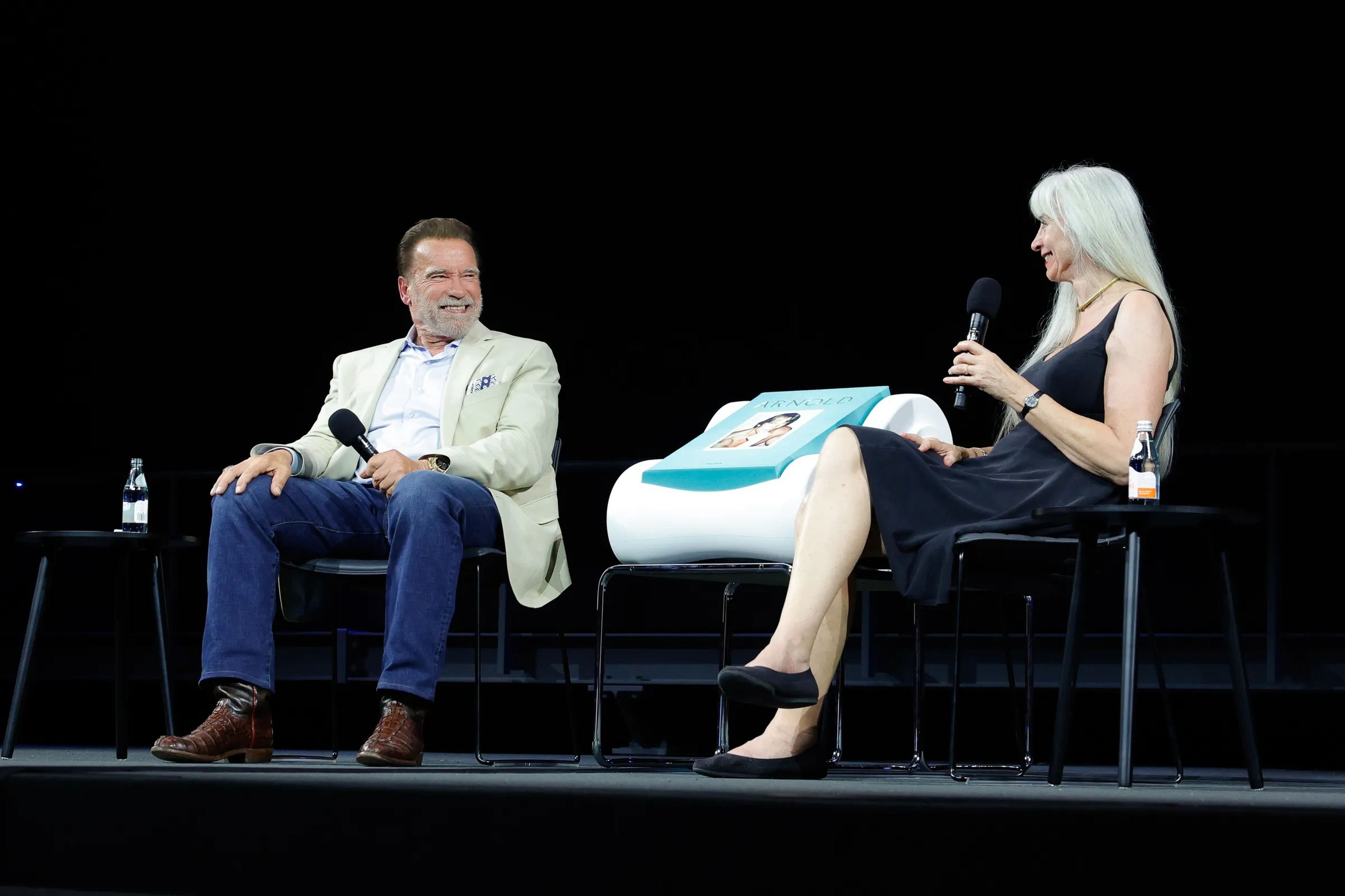 Arnold Schwarzenegger and Dian Hanson speak onstage during An Evening with Arnold Schwarzenegger at Academy Museum of Motion Pictures on June 28, 2023 in Los Angeles, California.