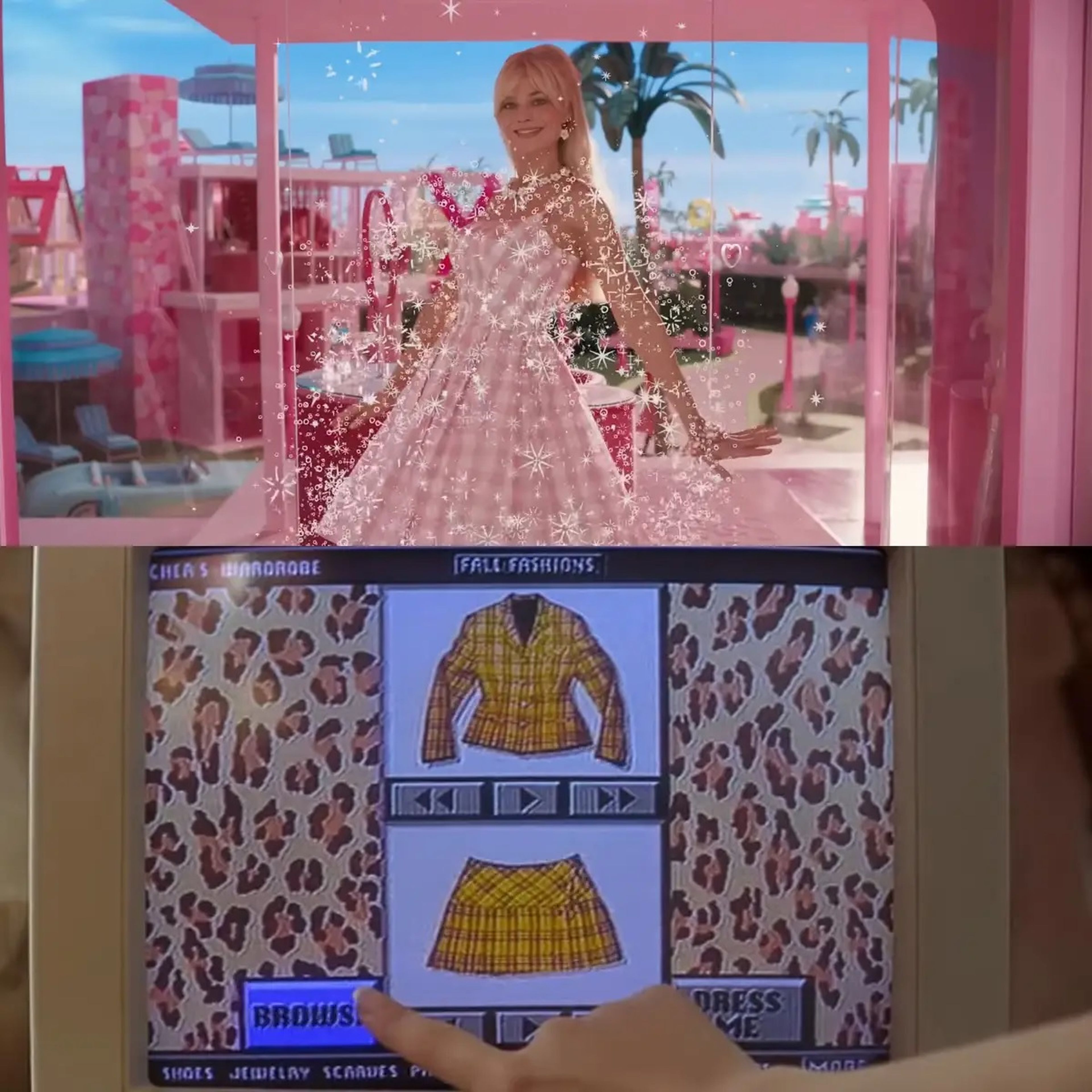 Arriba: Margot Robbie como Barbie. Abajo: El vestuario virtual de Cher Horowitz en Fuera de onda.