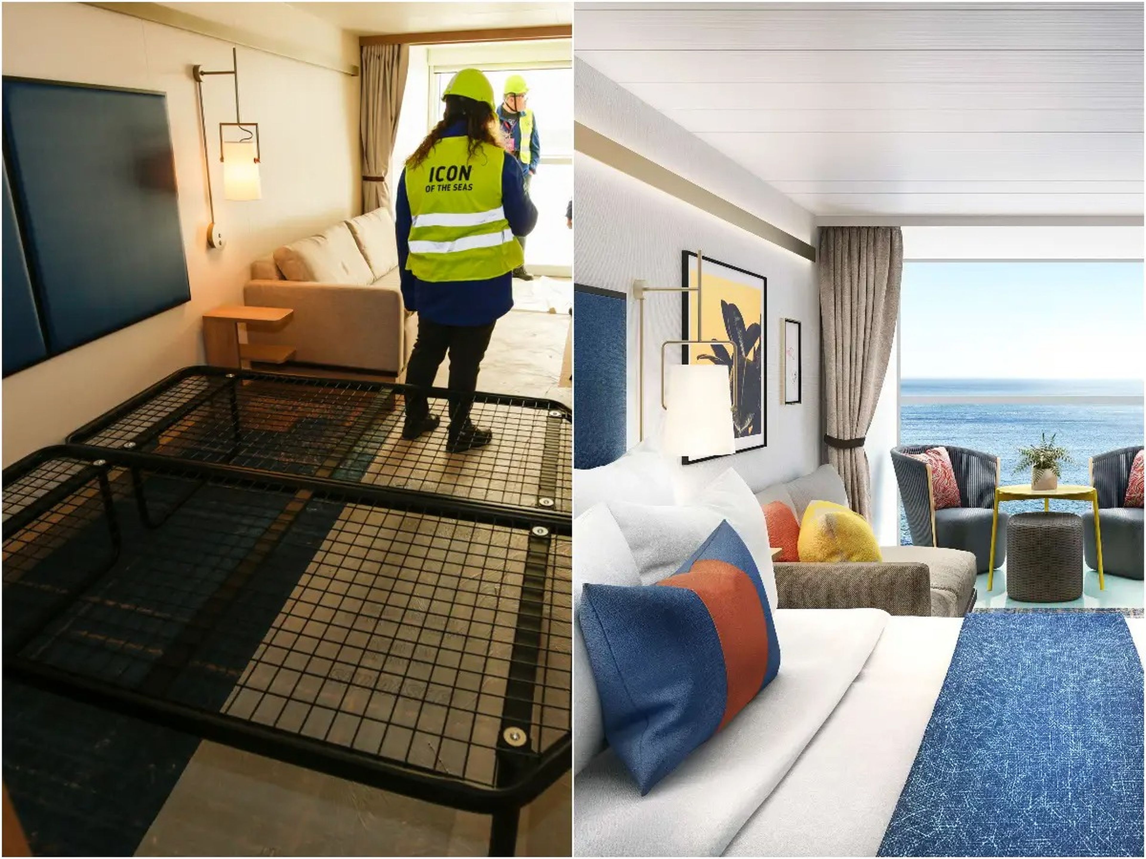 A collage of the rendering of the family infinite ocean view balcony stateroom with what it looks like under construction.