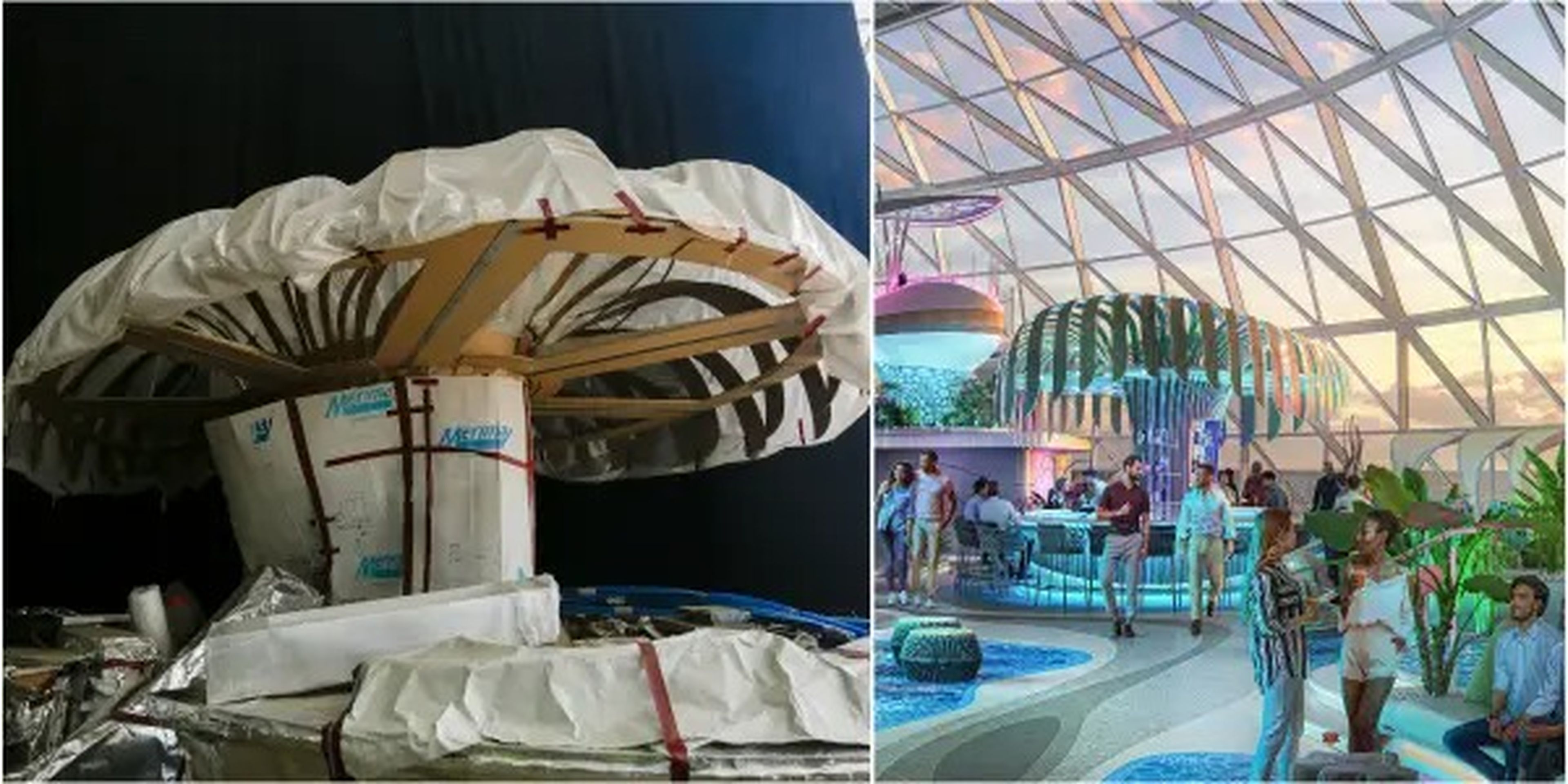 A collage of the Royal Caribbean Icon of the Seas Aquadome under construction compared to renderings of the venue