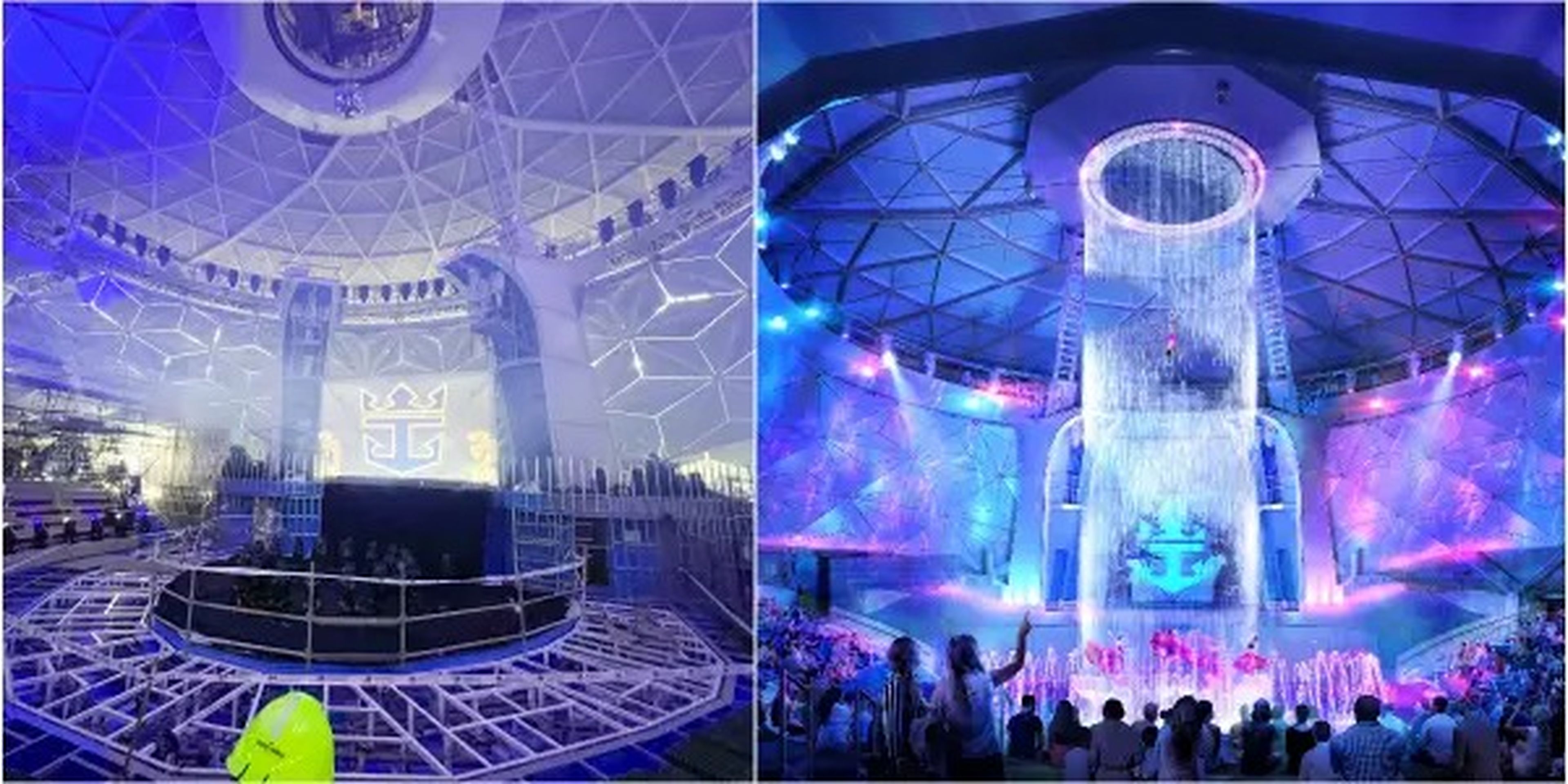 A collage of the Royal Caribbean Icon of the Seas  AquaTheater under construction compared to renderings of the venue