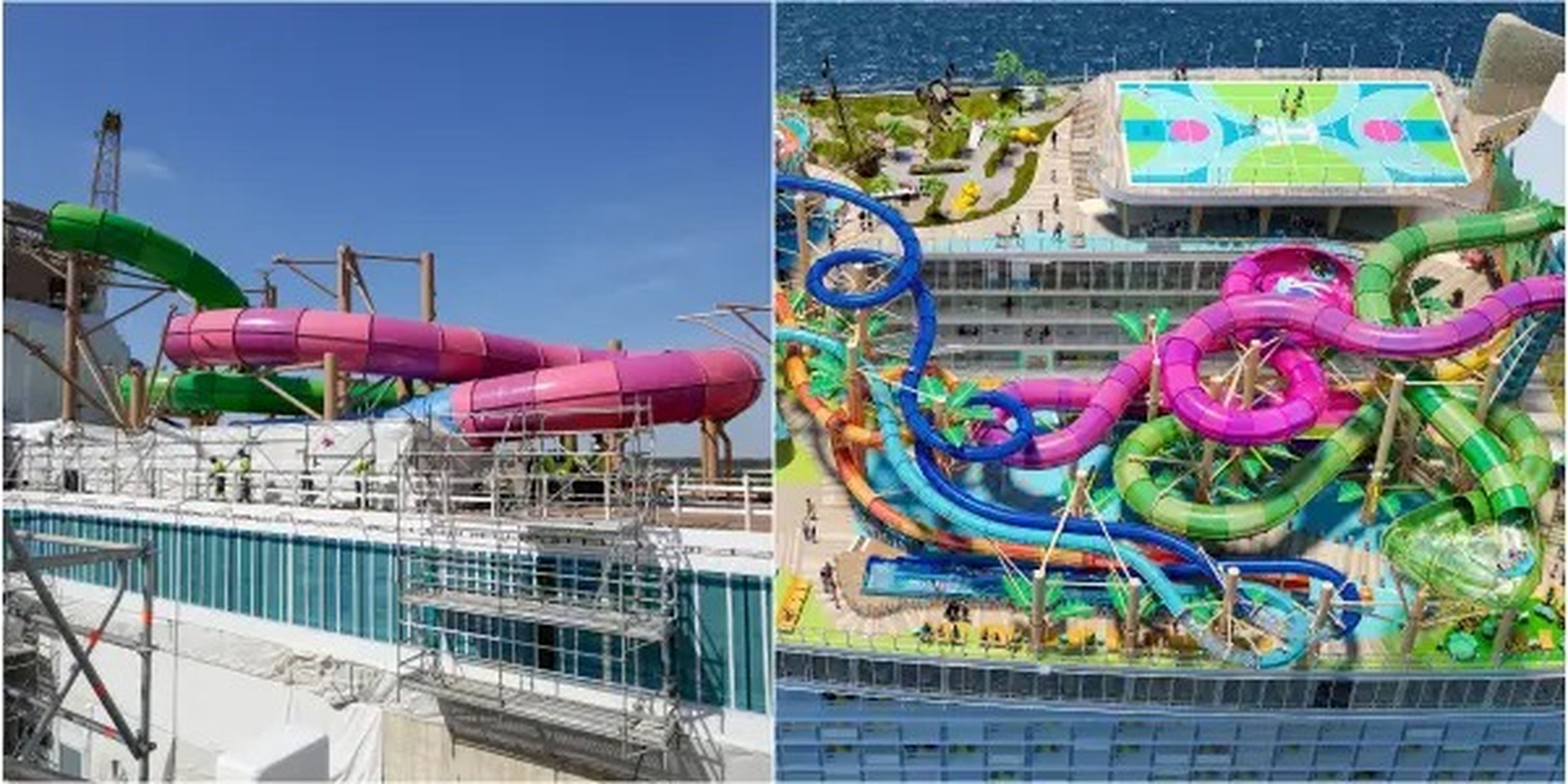 A collage of Royal Caribbean's Icon of the Seas Thrill Island's Category 6 water park and Royal Caribbean’s rendering of the space.