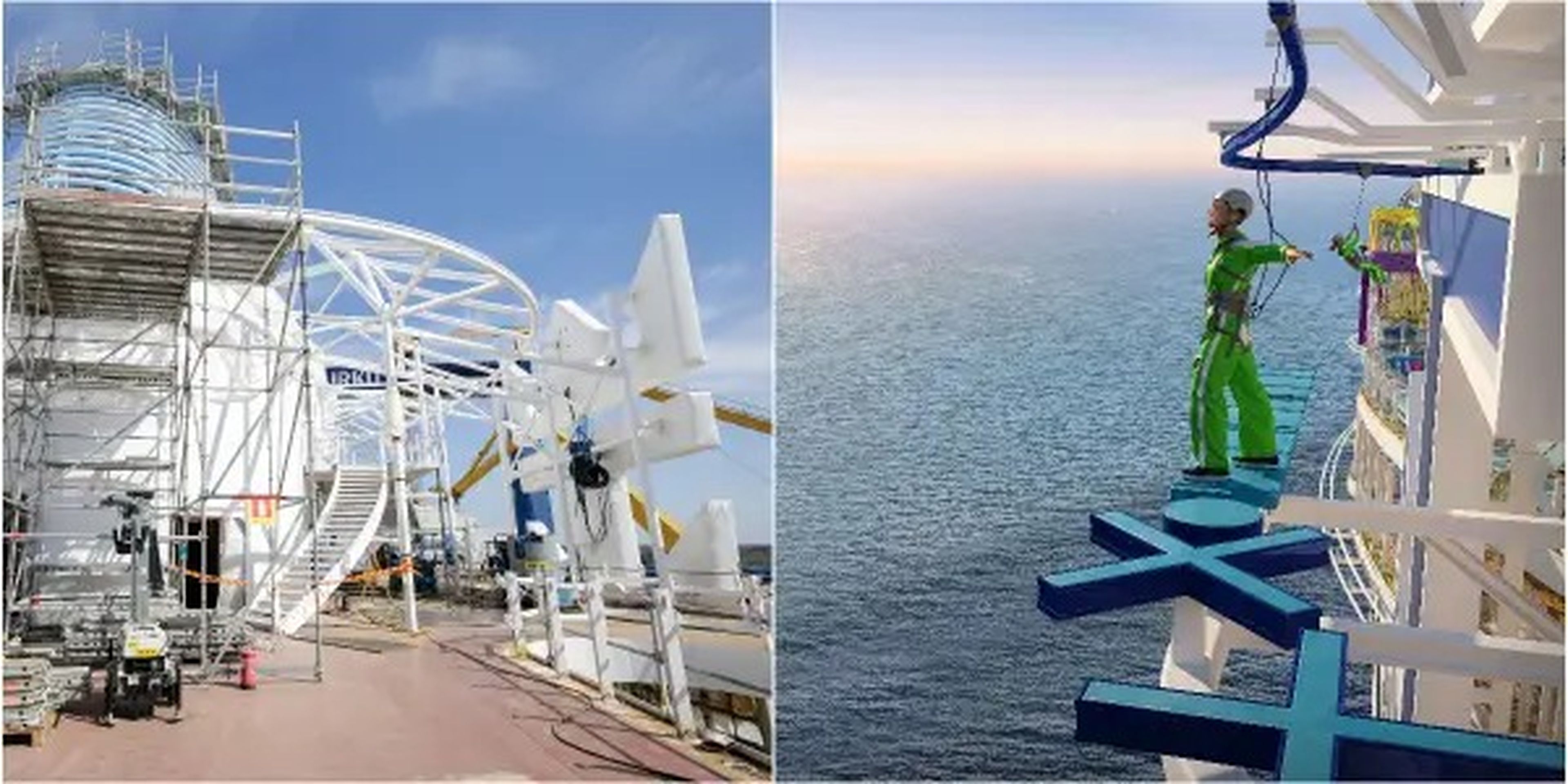 A collage of Royal Caribbean's Icon of the Seas Thrill Island's Category Crown's Edge and Royal Caribbean’s rendering of the space.
