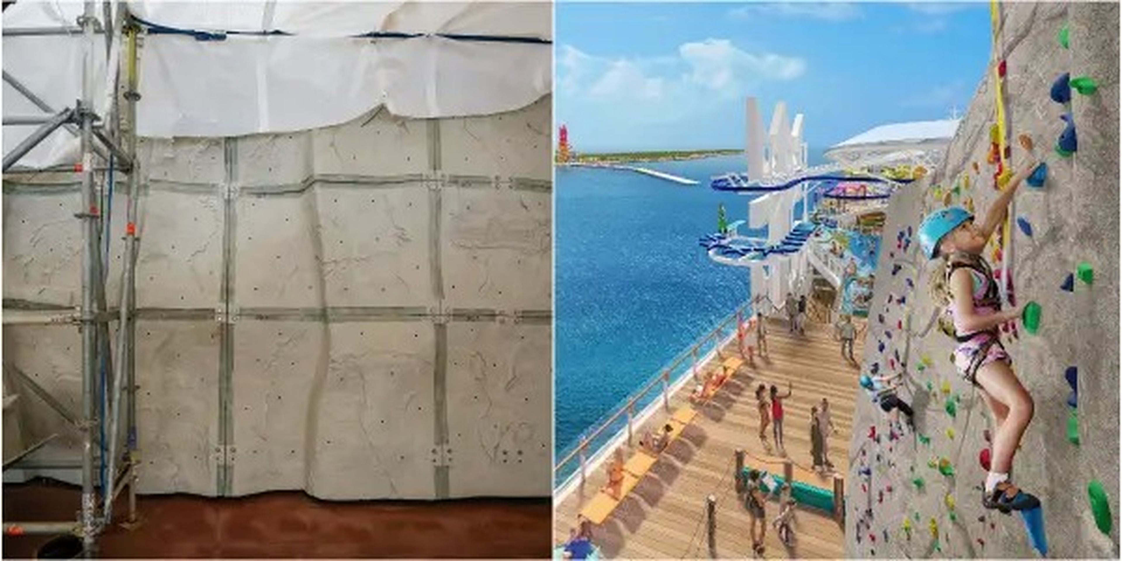 A collage of Royal Caribbean's Icon of the Seas Thrill Island's Category rock climbing wall and Royal Caribbean’s rendering of the space.