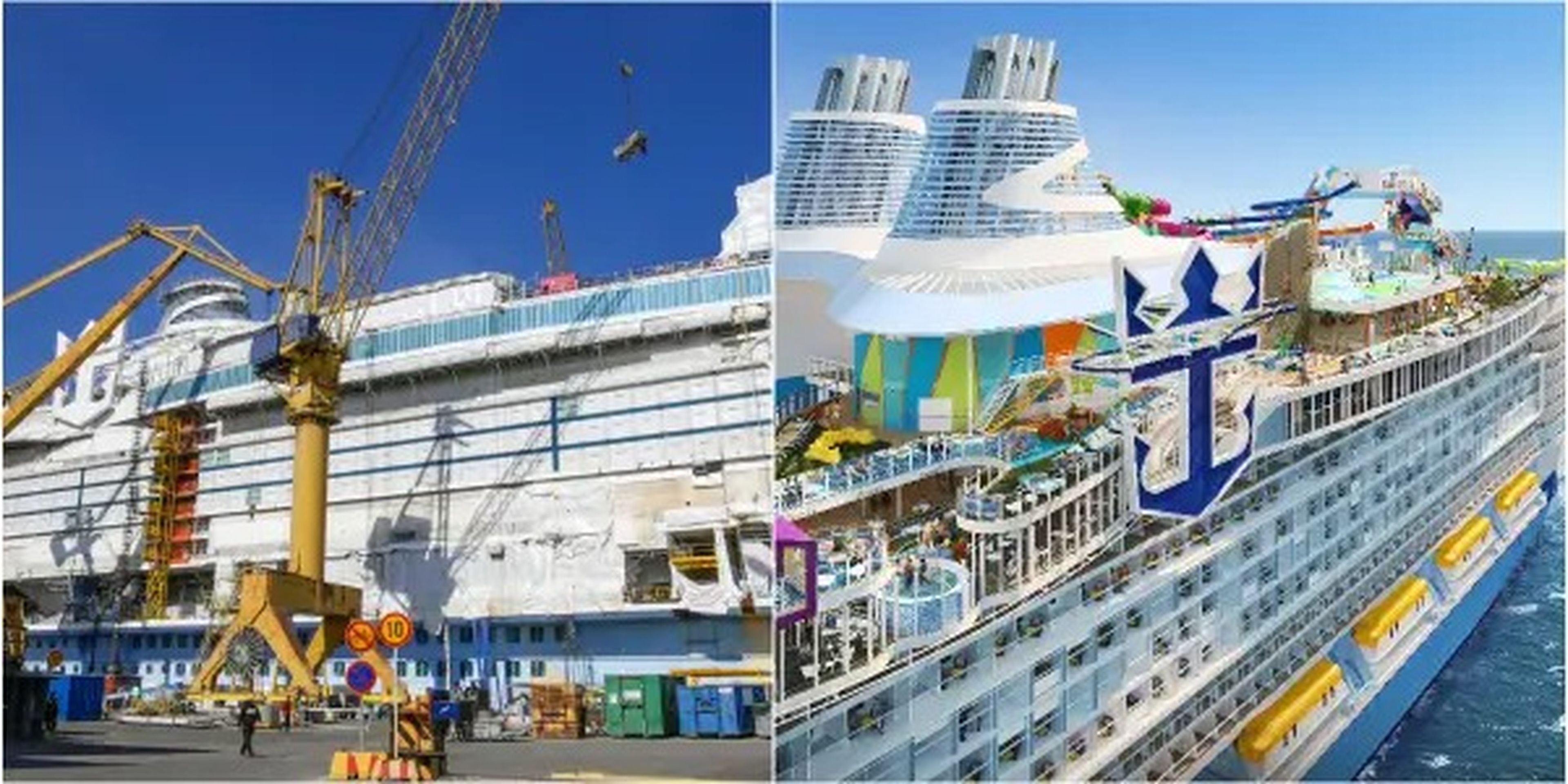 A collage of Royal Caribbean's Icon of the Seas Thrill Island's Category Thrill Island and Royal Caribbean’s rendering of the space.