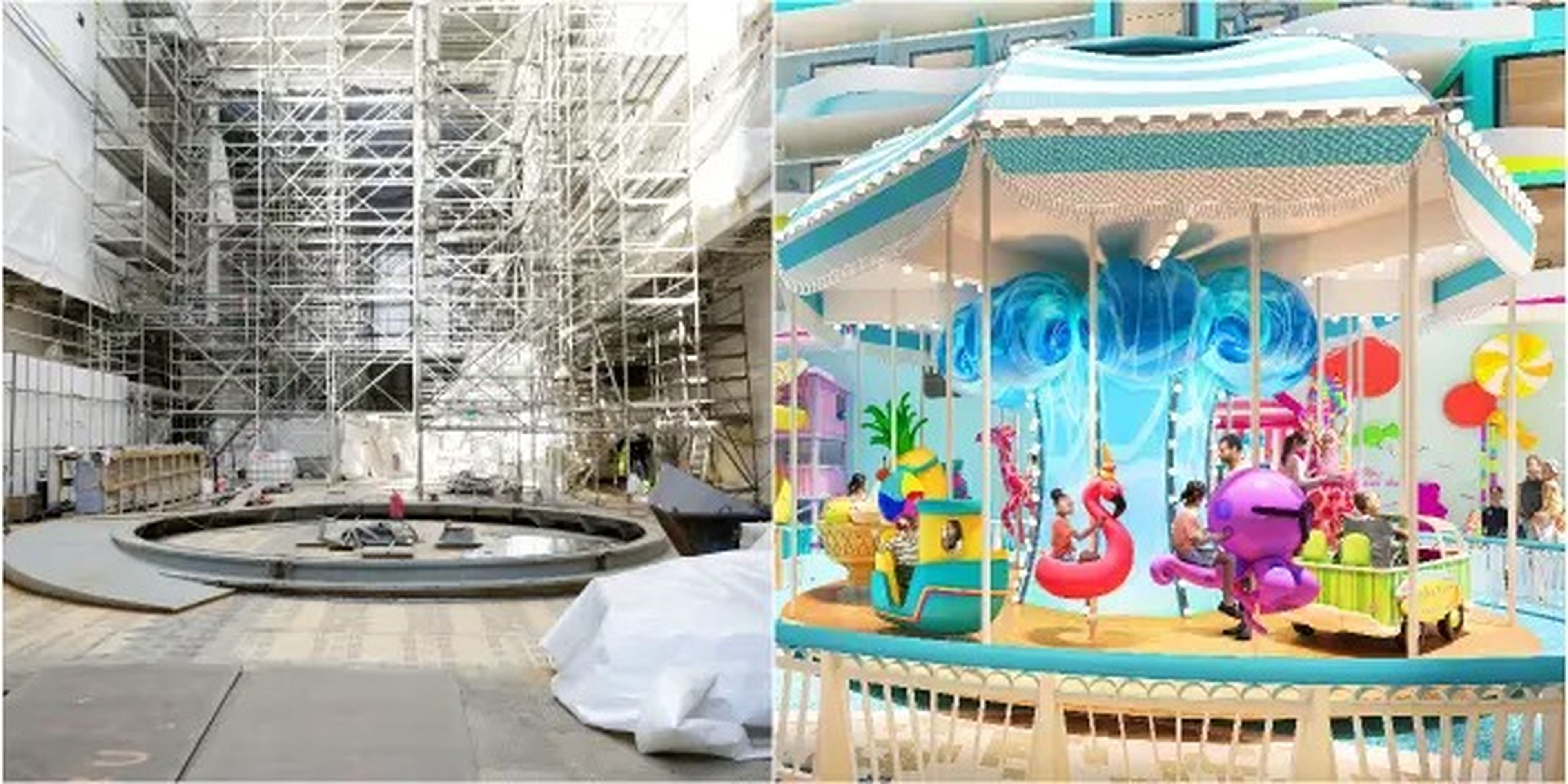 A collage of Royal Caribbean's Icon of the Seas's Surfside carousel and Royal Caribbean’s rendering of the space.