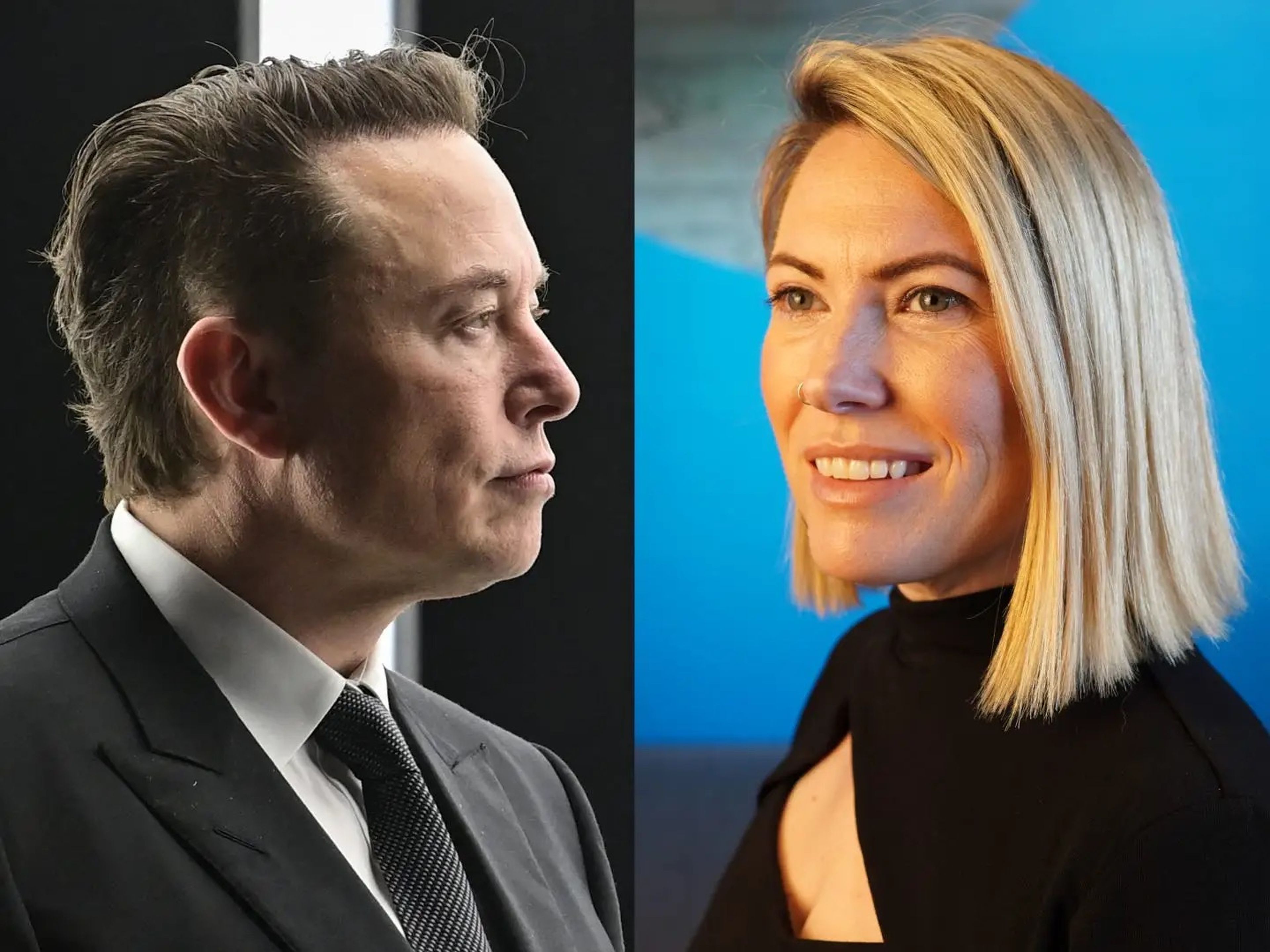 Composite close-up images of Elon Musk and Esther Crawford