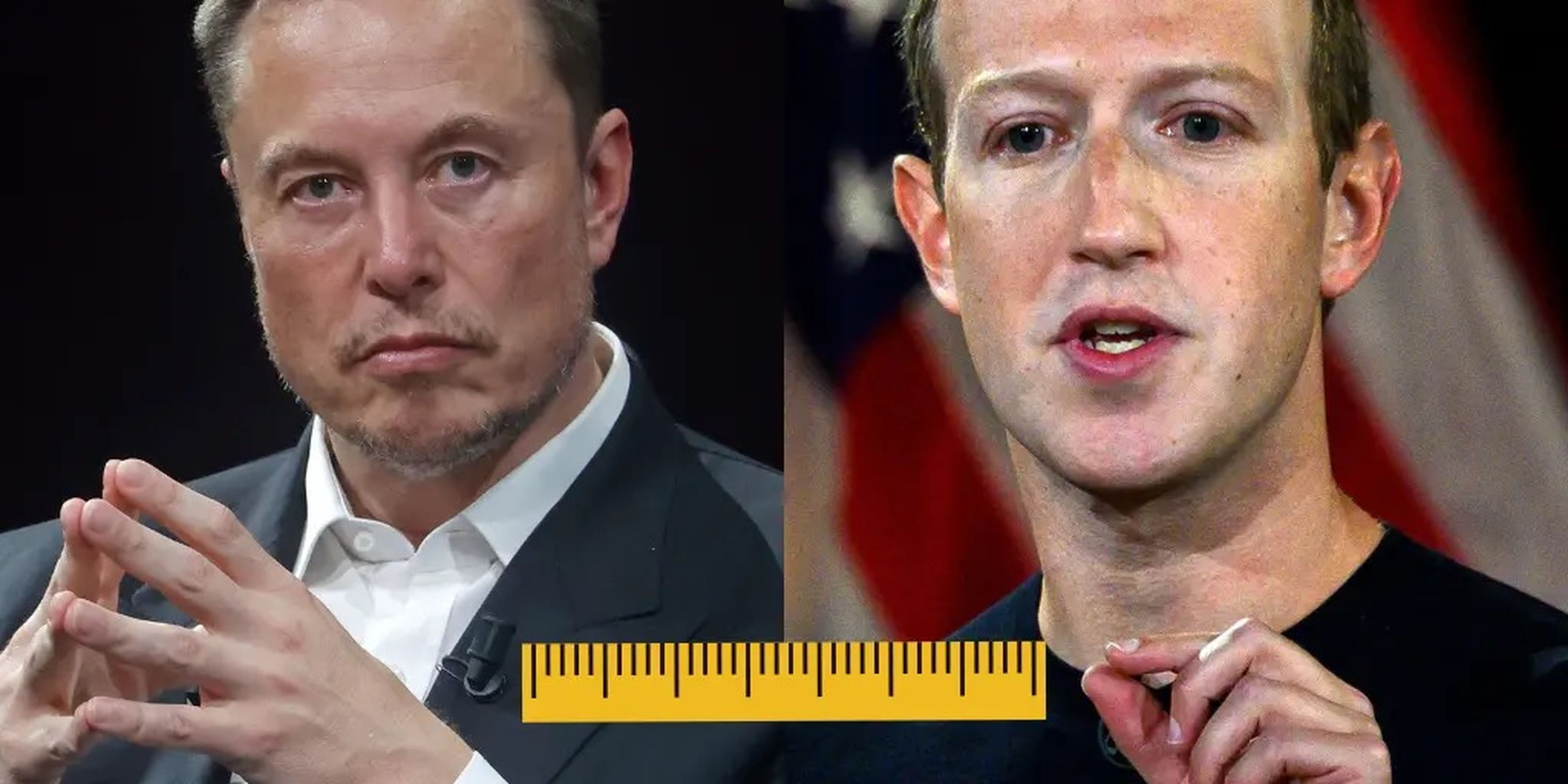 A composite image of Elon Musk, Mark Zuckerberg, and a ruler.