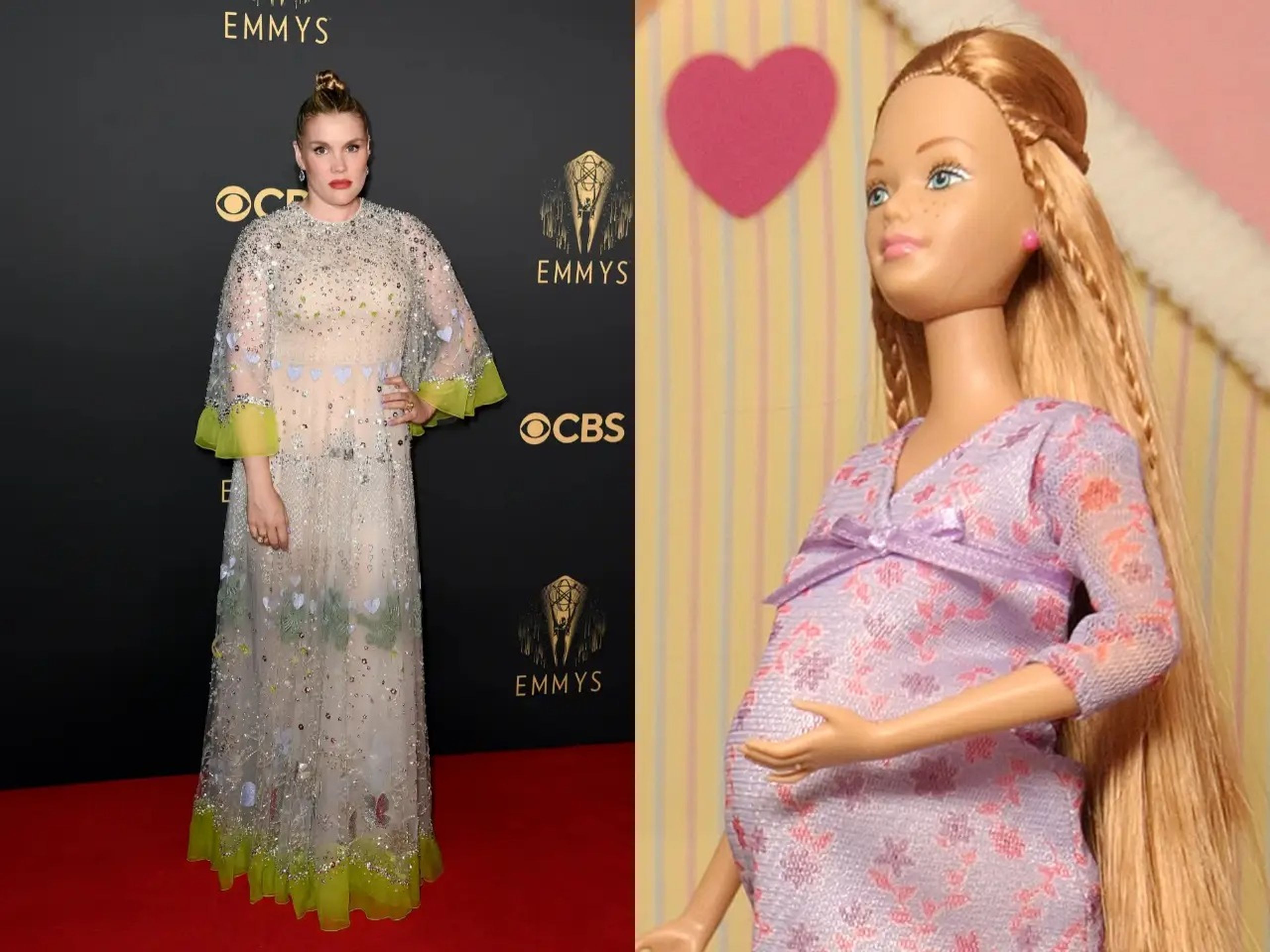 Emerald Fennell junto a una muñeca Midge embarazada.