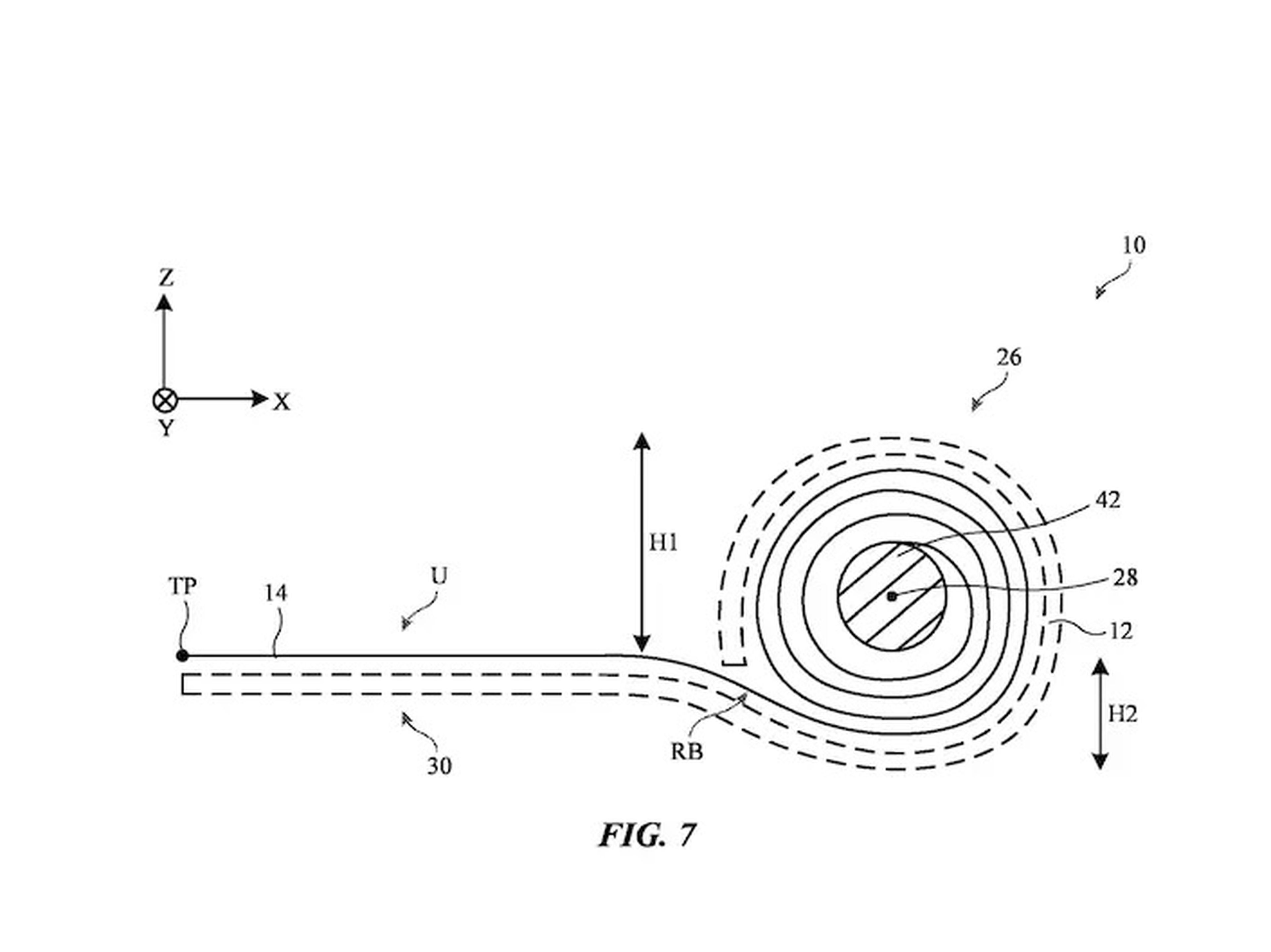 A figure from Apple's patent demonstrating a side-view of the rolled up electronic screen.