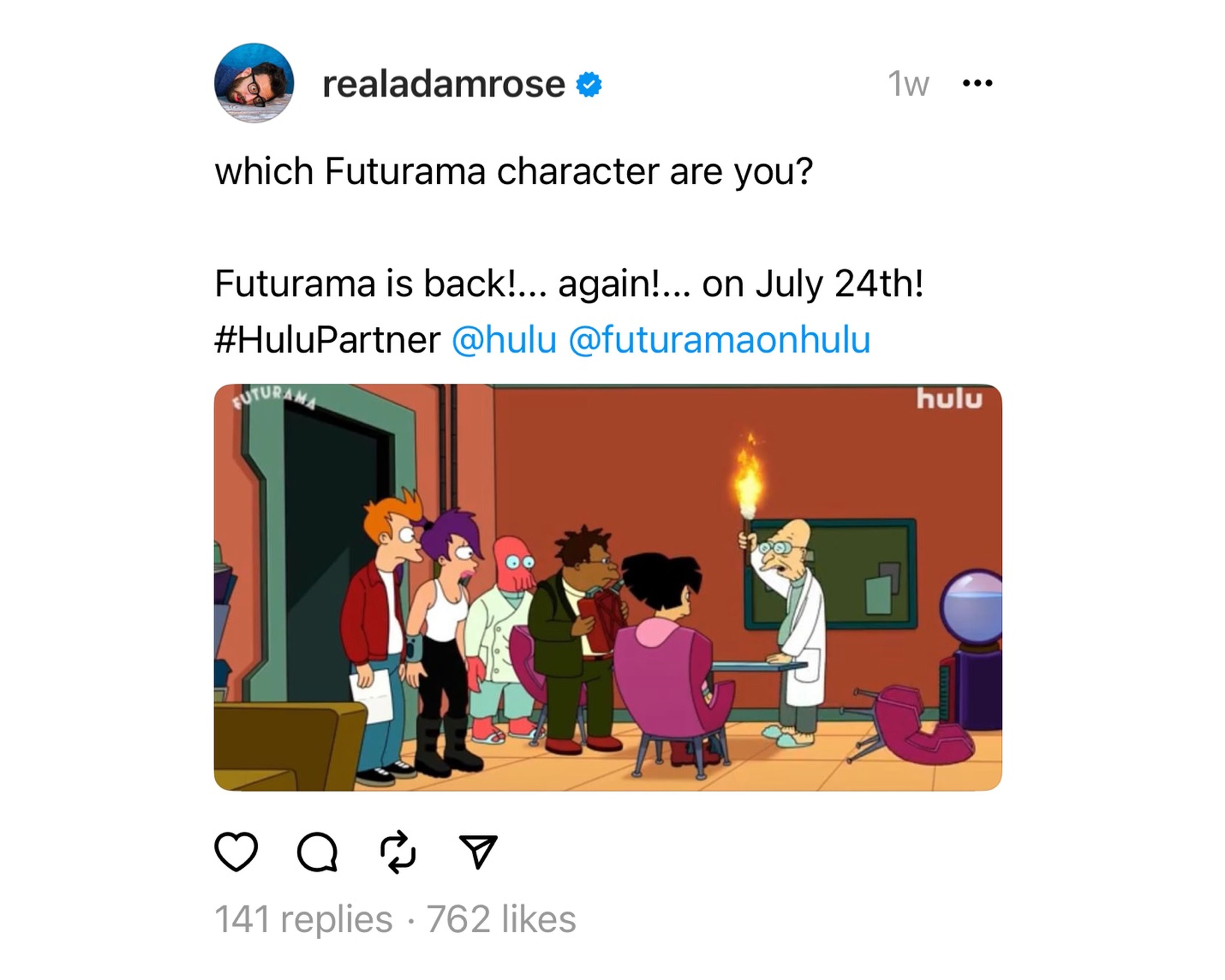 Hulu colaboró con el creador Adam Rose en un post patrocinado de Threads.