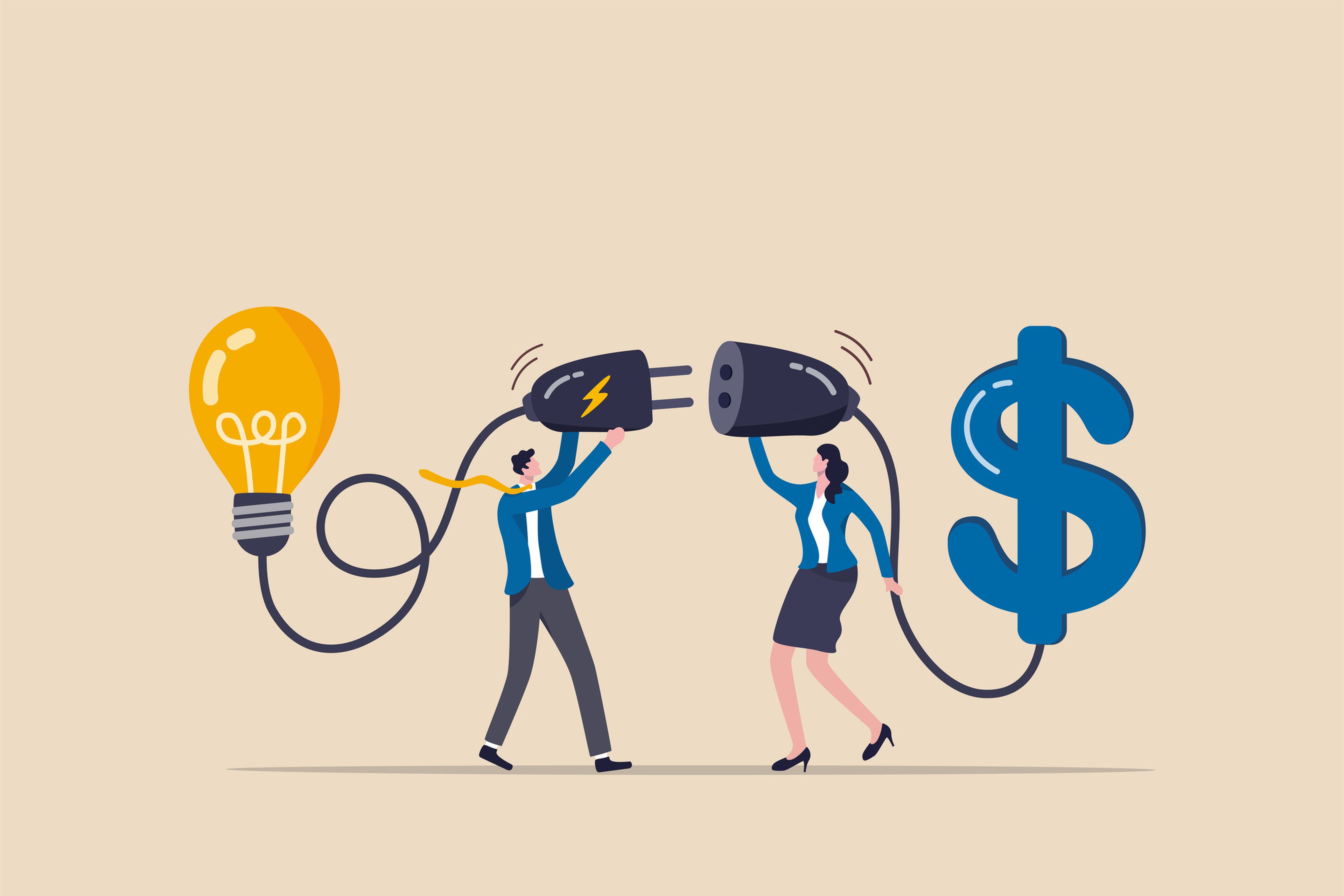 Ilustración: conectar ideas con dinero.
