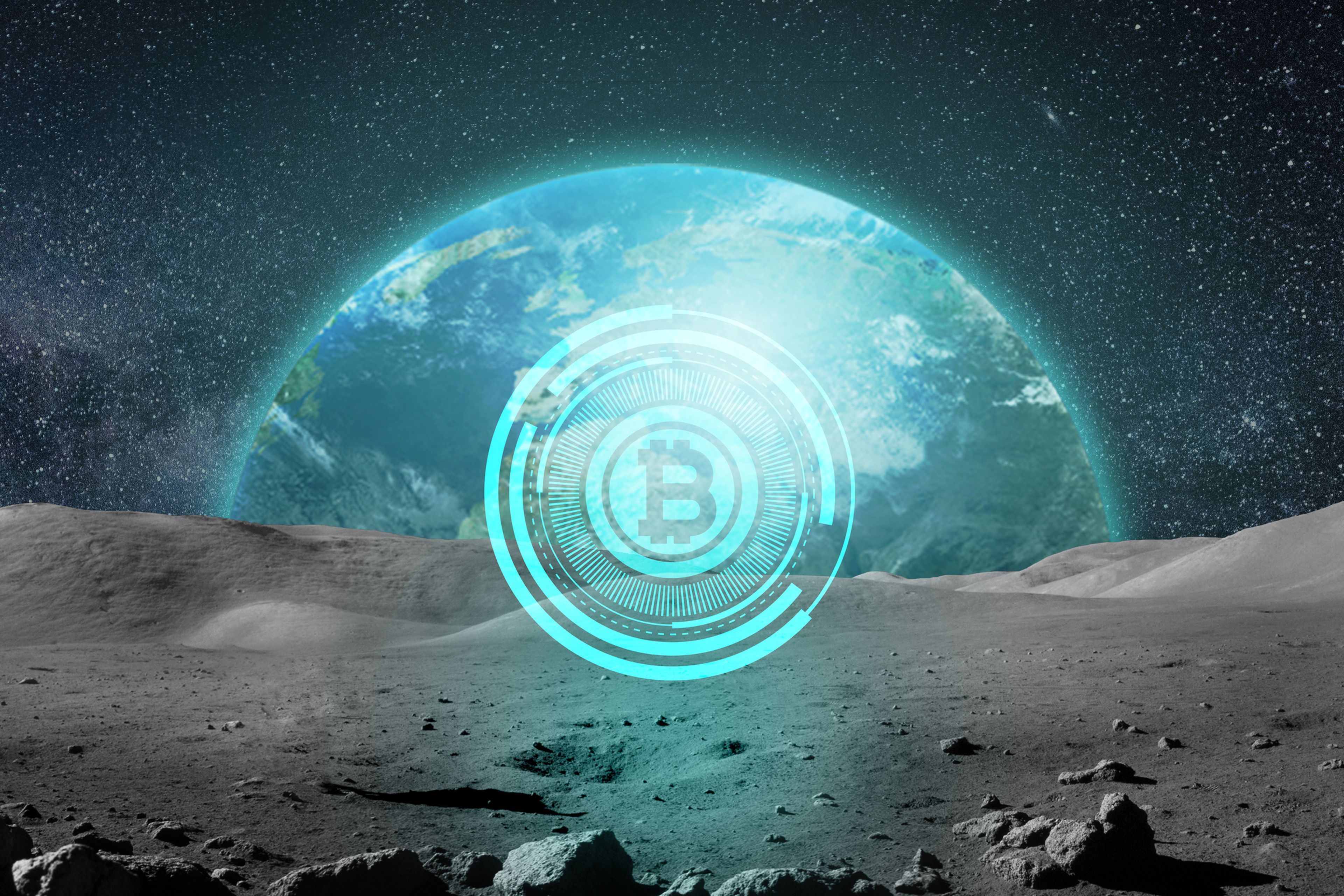 Ilustración con el logo de bitcoin en la luna.