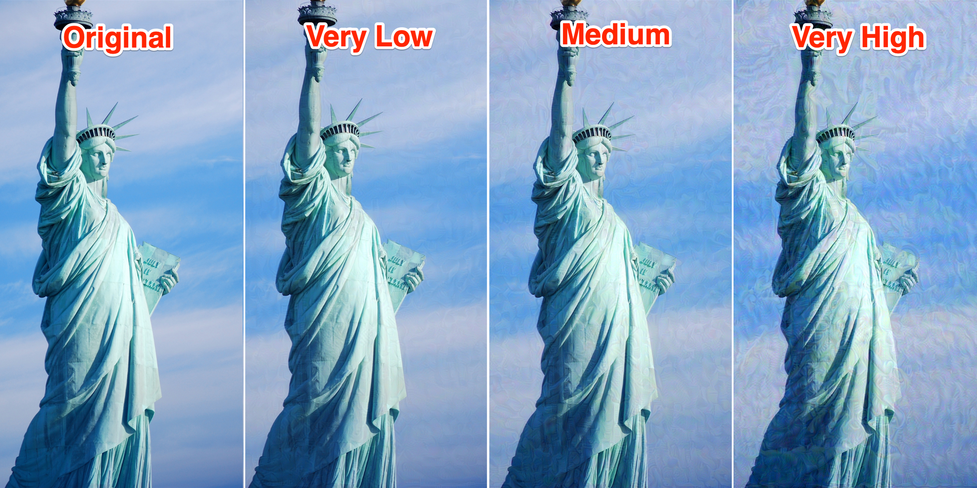 Esta imagen de la Estatua de la Libertad (a la izquierda) se volvió a renderizar con Glaze utilizando los ajustes de intensidad muy baja (segundo por la izquierda), media (segundo por la derecha) y muy alta (a la derecha).