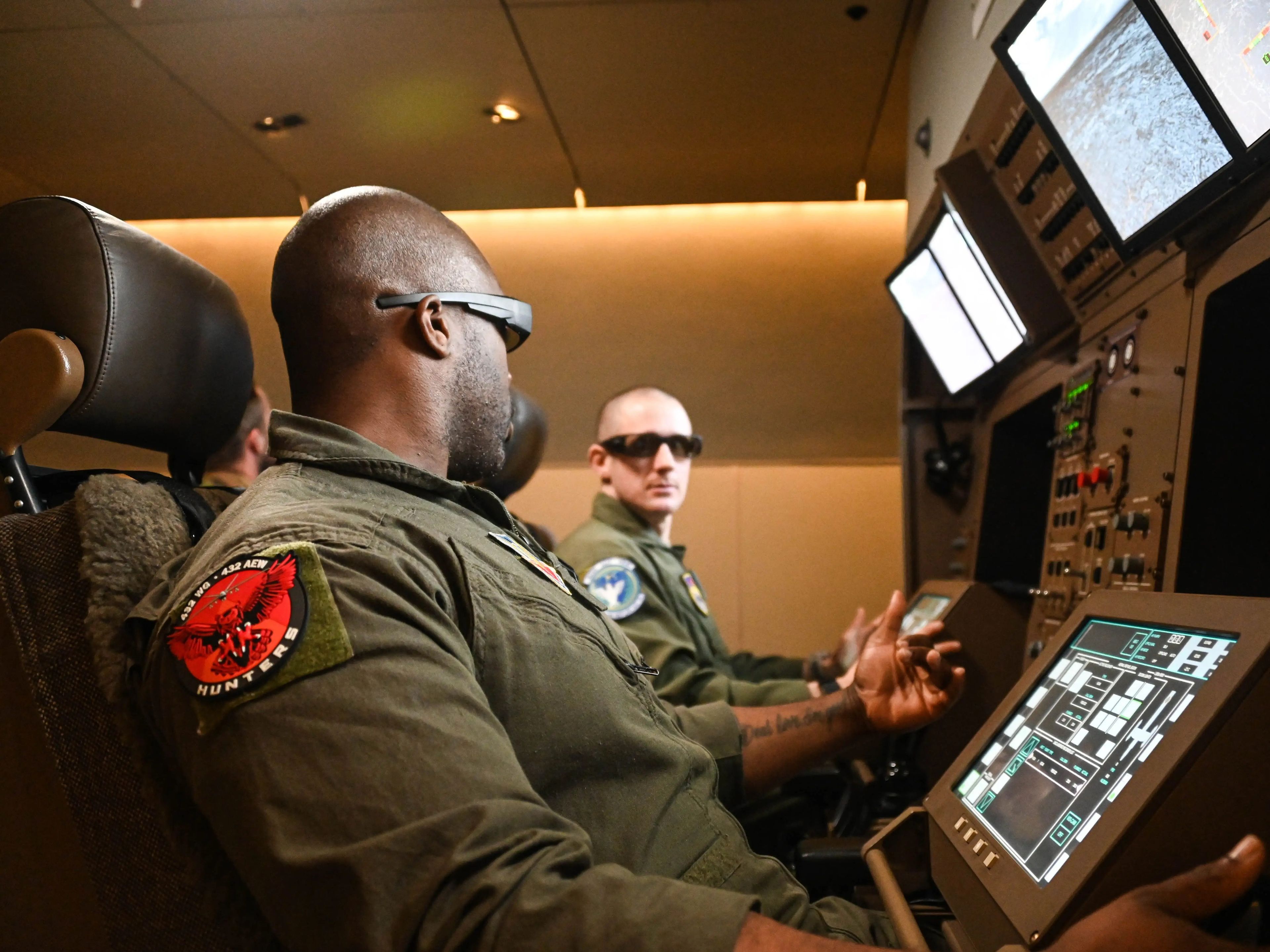 Inside a boom operating station simulator in Oklahoma, which is almost an exact replica of the on onboard a KC-46A.