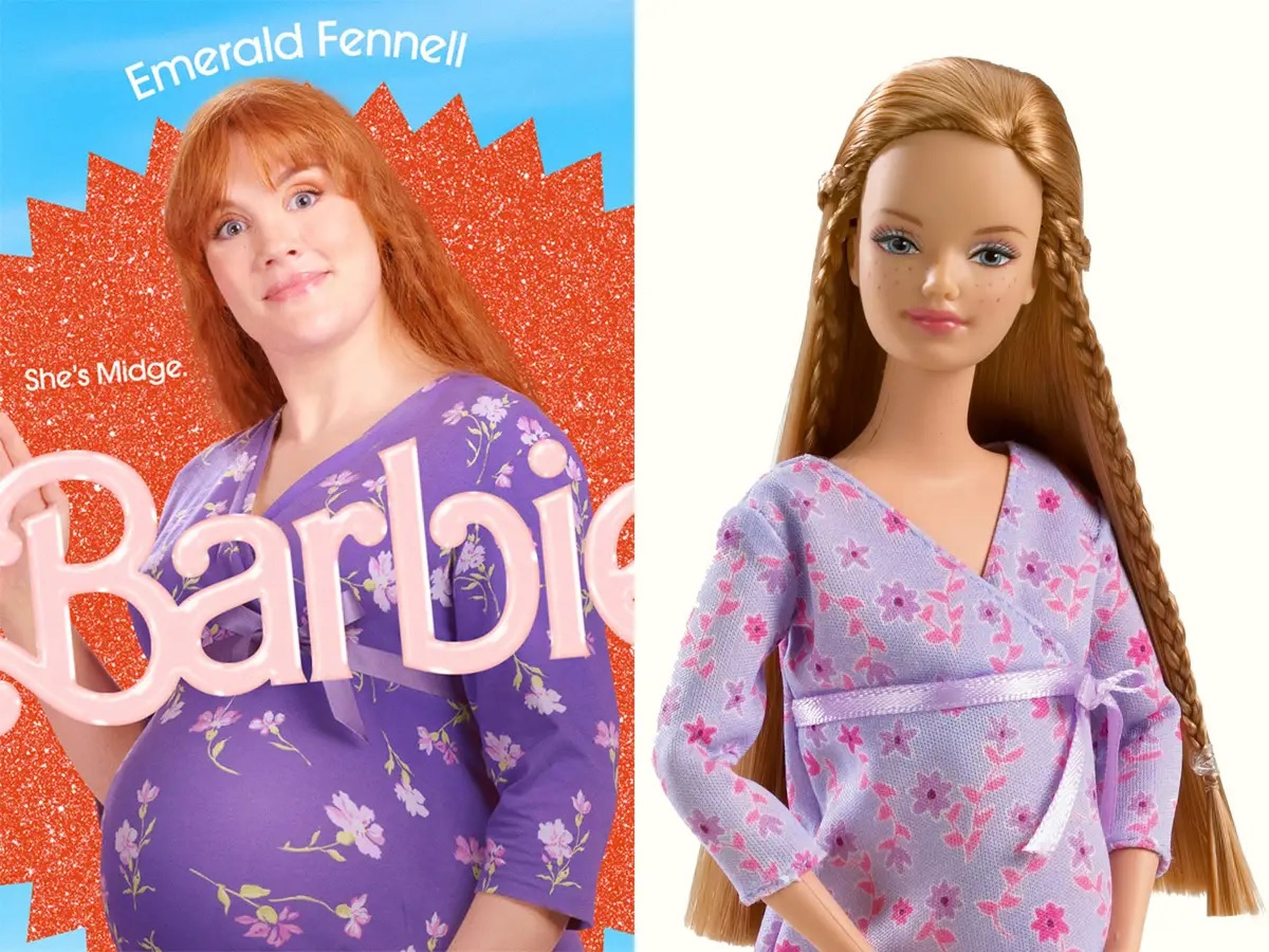 A la izquierda: Esmeralda Fennell como Midge. A la derecha: La muñeca Midge de Mattel de 2002.