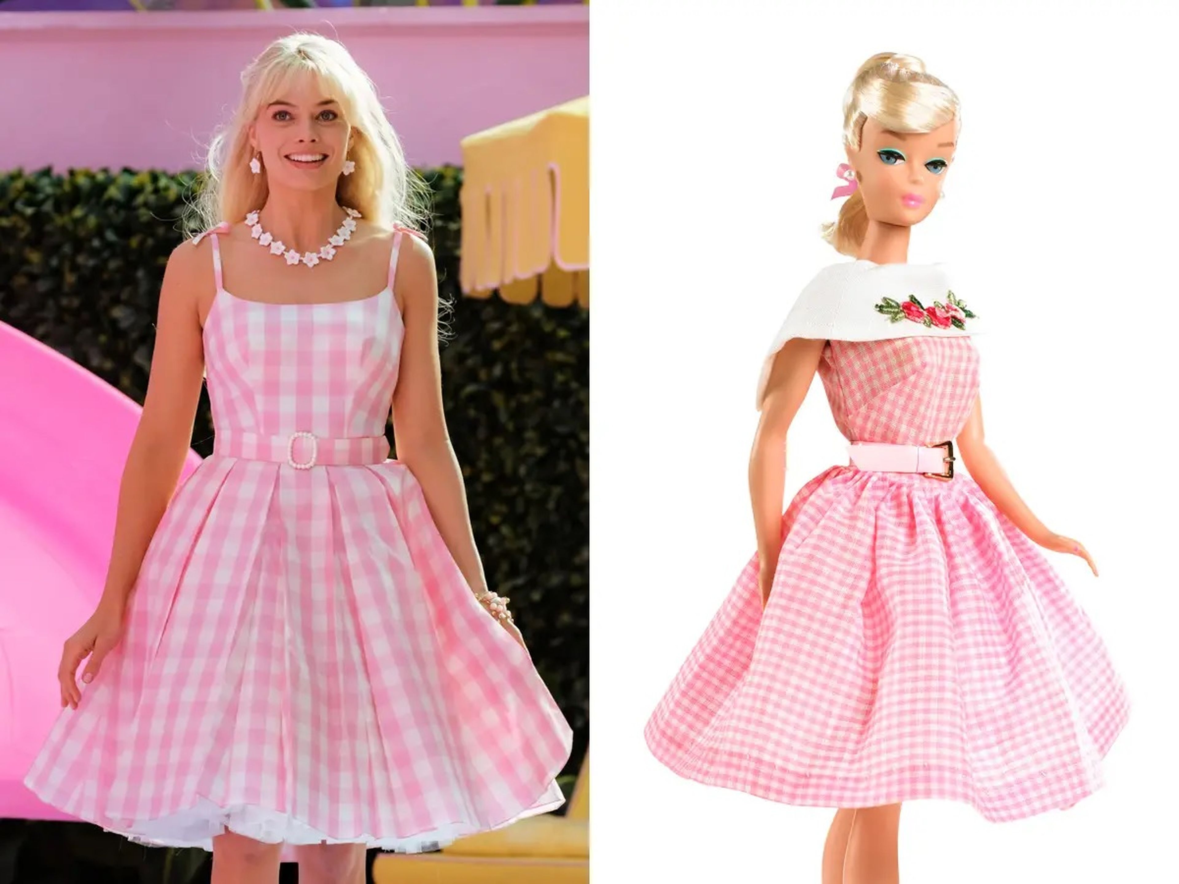 Izquierda: Margot Robbie como Barbie. Derecha: La Barbie bailarina de Mattel de 1964.