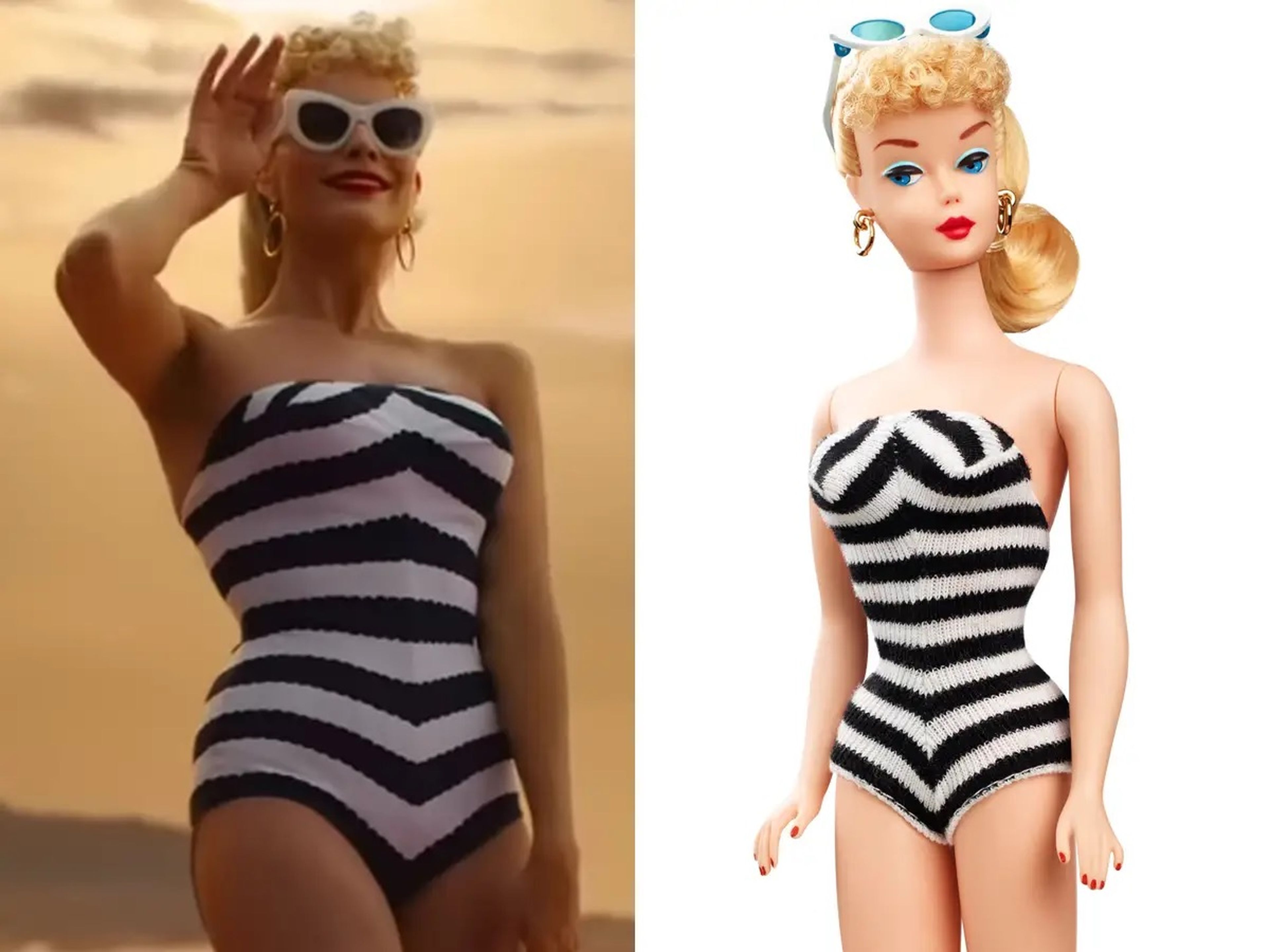 Izquierda: Margot Robbie como Barbie. Derecha: la primera muñeca Barbie, lanzada en 1959.