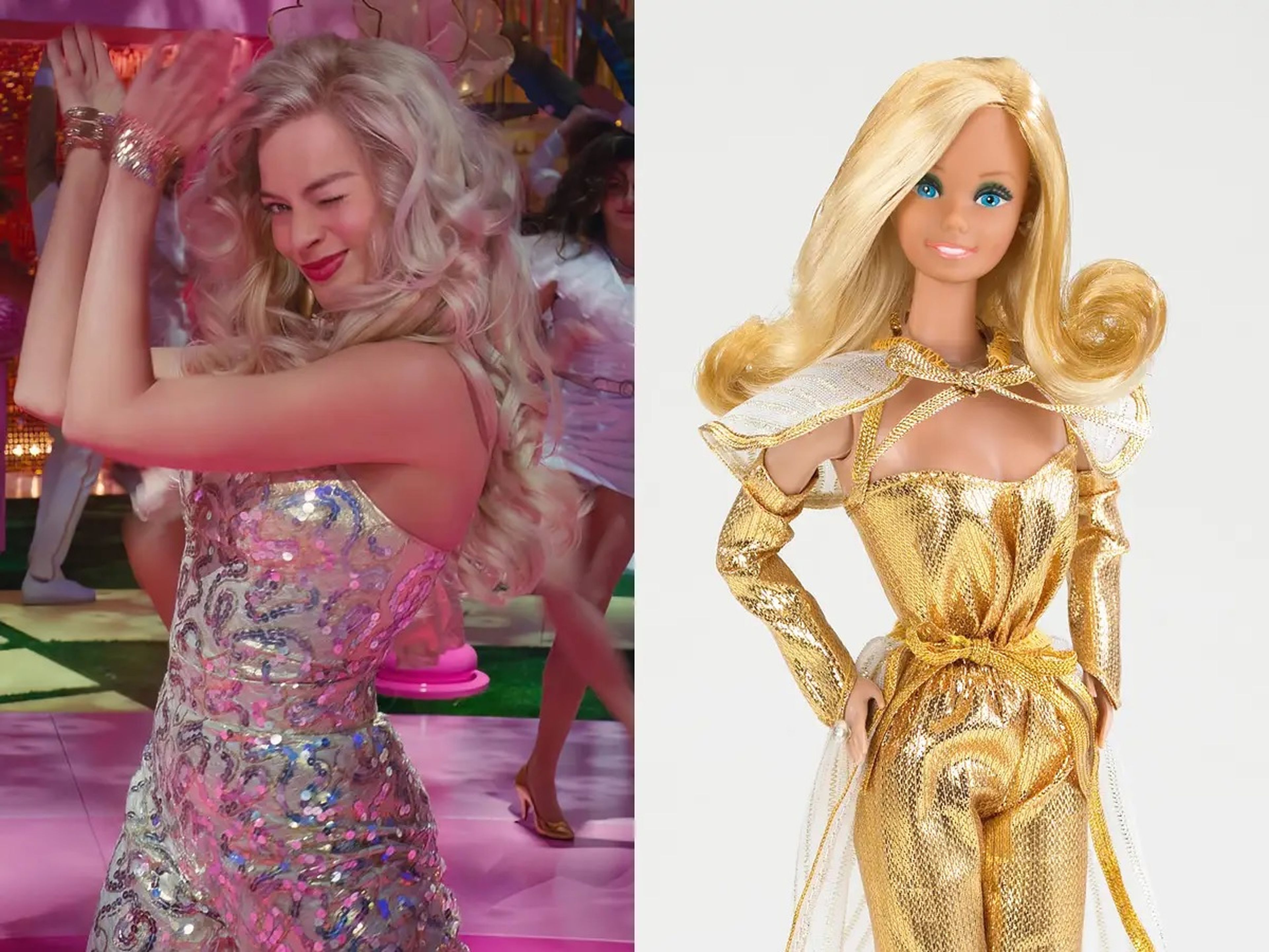 Izquierda: Margot Robbie con un mono dorado. Derecha: La muñeca Barbie Sueños Dorados de Mattel.
