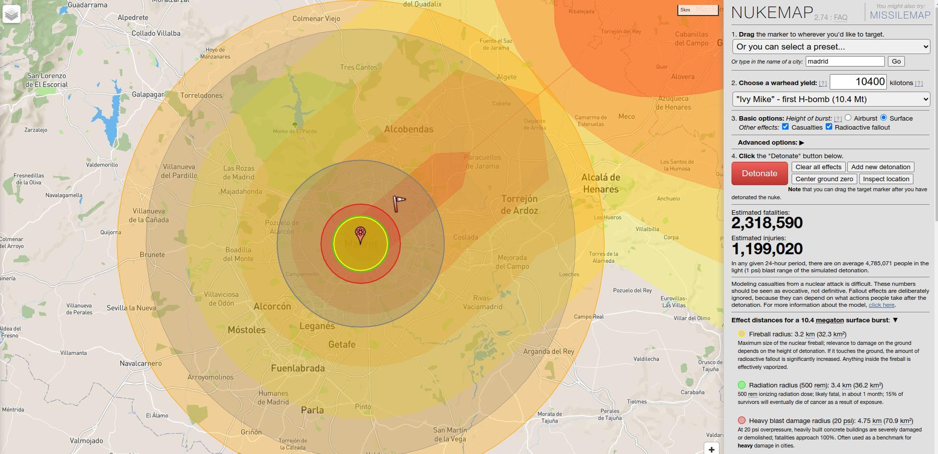 mapa nuclear  explosión bomba en tu ciudad