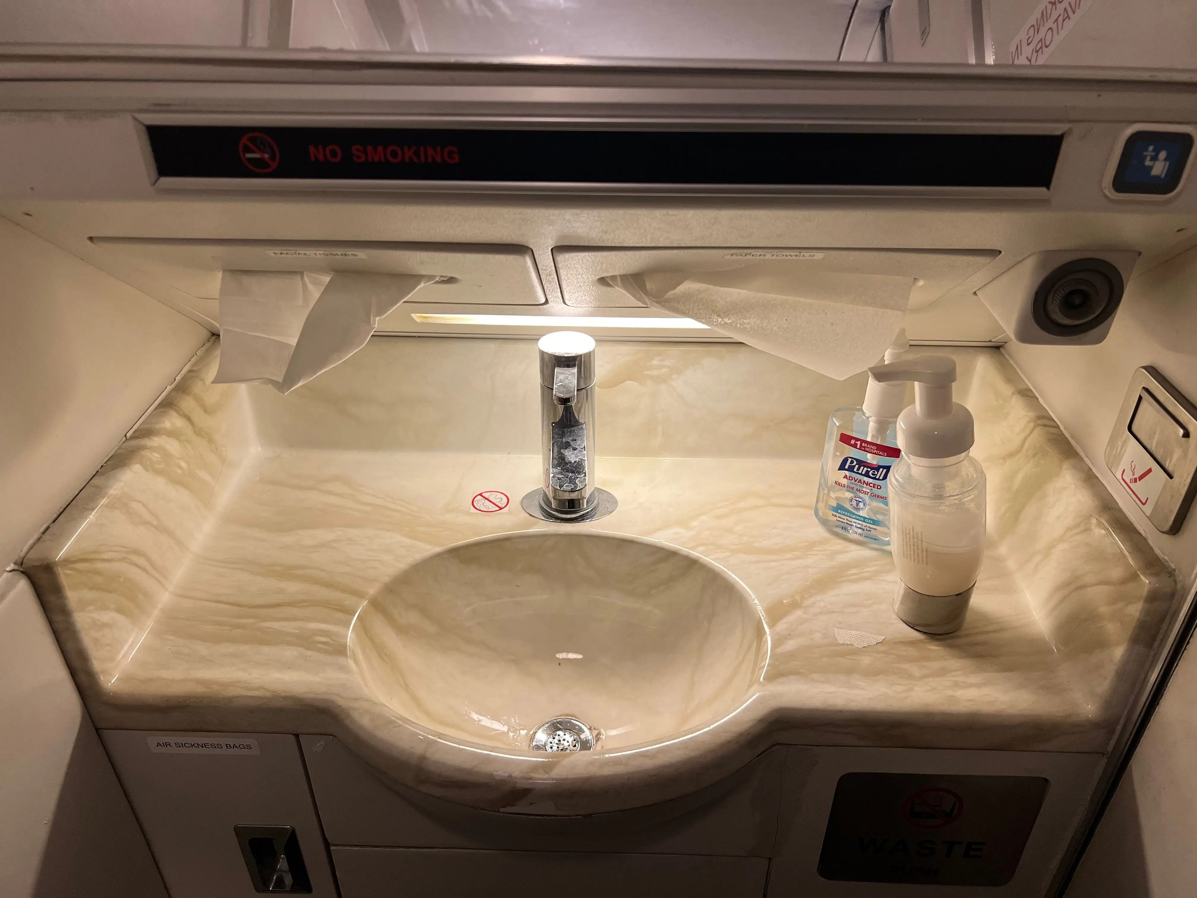 The marble-colored sink onboard the JSX plane.