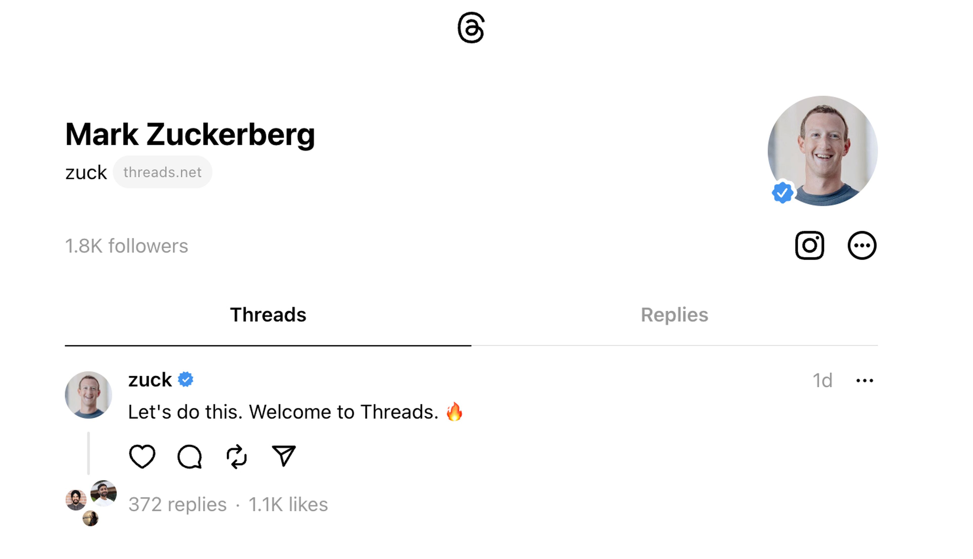 El perfil de Mark Zuckerberg en Threads